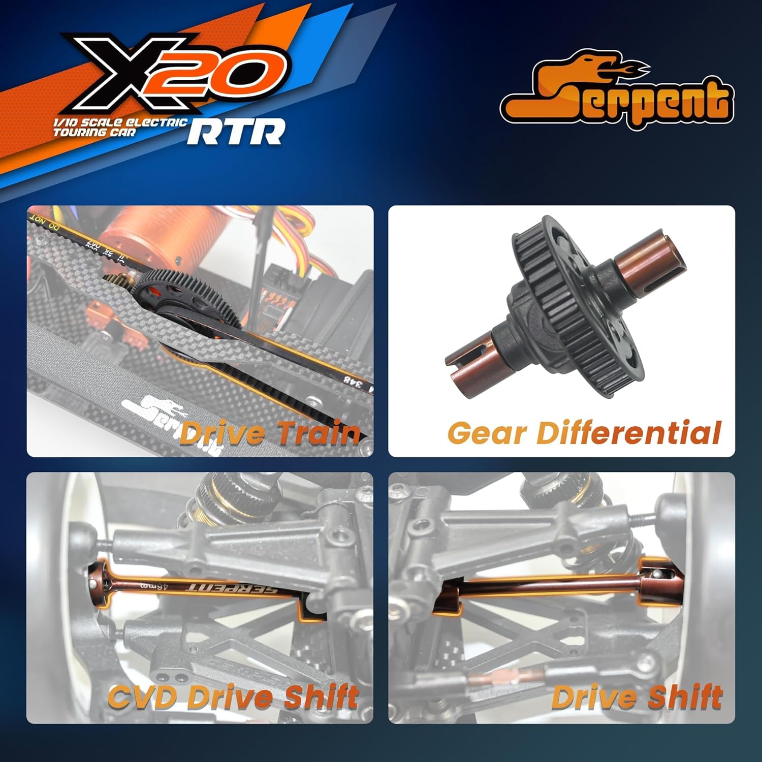 Serpent X20 1/10 RC Touring Car RTR, 4WD Fast Electric RC Car with Brushless Motor, Carbon Fiber & CNC Aluminum Parts, High Speed, Batteries and Charger Not Included (Orange)