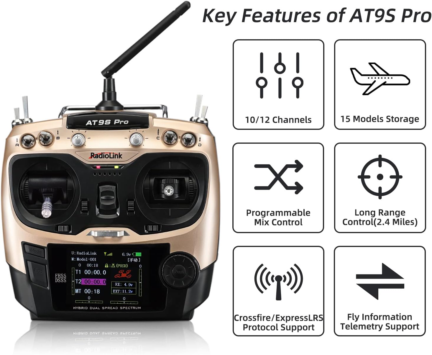 Radiolink AT9S Pro Gold, 10/12 Channels Radio Transmitter&Receiver R9DS, Crossflight flight controller&TS100M8N GPS&PRM-03Telemetry, Long Range for Airplane/Jet/FPV Racing Drone/Quad/RC Truck Car/Boat