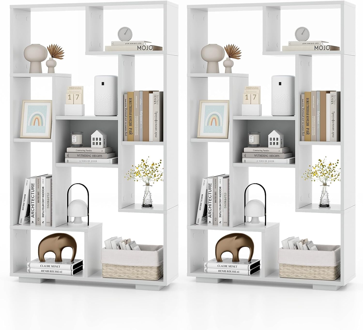 Tangkula Geometric Bookshelf, 47 Inch Tall Bookcase with Multiple Open Shelves, Anti-Tipping Devices, Freestanding 9 Cubes Bookshelf Storage Display Rack for Living Room Study (White, 47