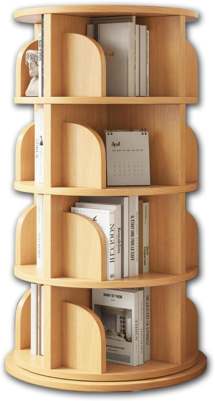 Enchantia Rotating Bookshelf, Pine Wood 360° Spinning Bookshelf, Round Modern 4 Narrow Bookcase for Small Space, Corner, Bedroom, Office