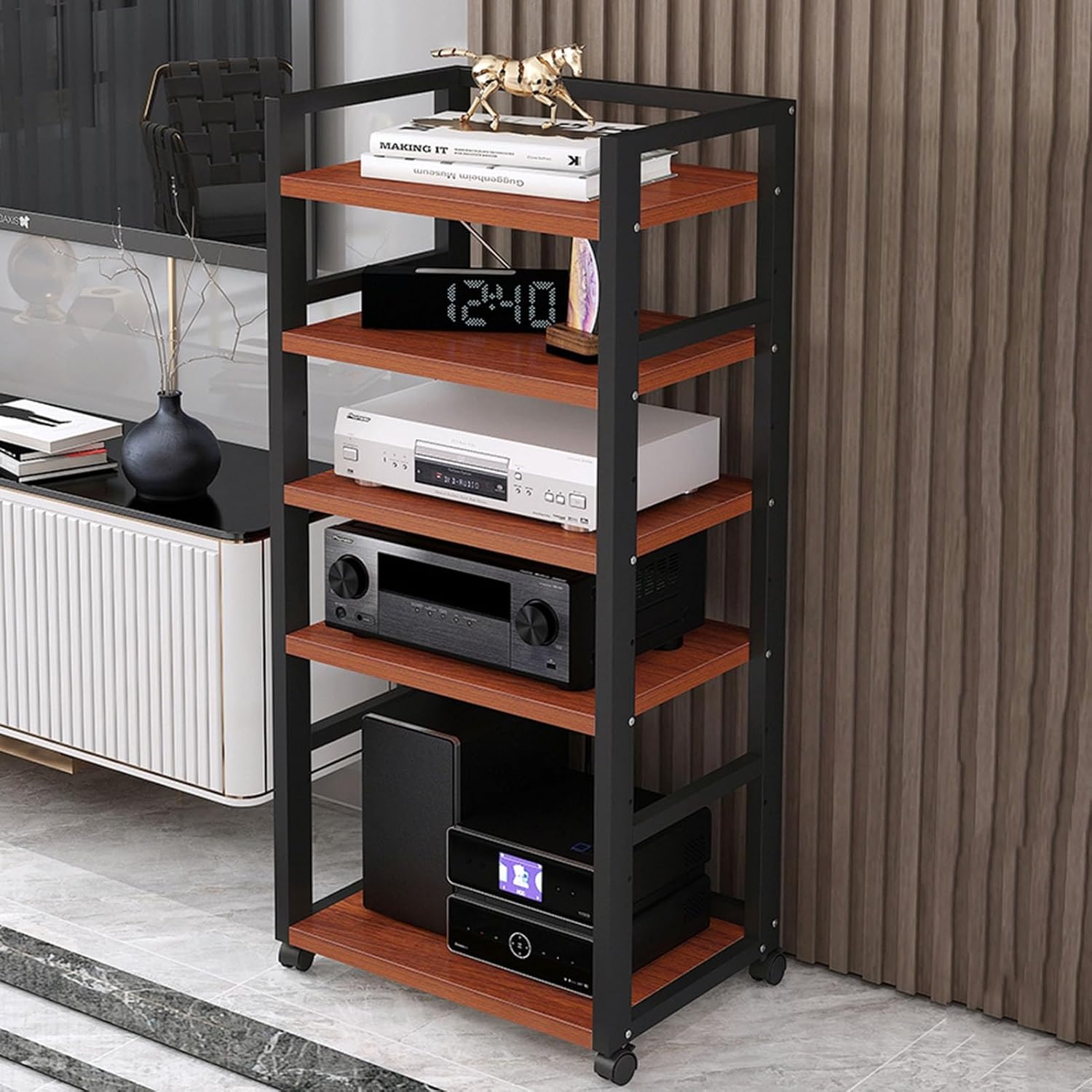5-Tier Movable Audio/Video Media Stand Center CD Player Stand Stereo Component Storage Cabinet Audio Tower with Height Adjustable Wooden Shelf for Home/Office/Theater (Color : D) (A)