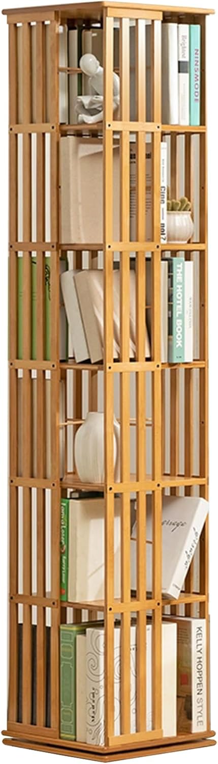 6 Tier Rotating Bookshelf 360° Display Spinning Bookshelf Floor Standing Bookcase Space Saving Revolving Organizer Storage Rack Bamboo Swiveling Bookshelves for Bedroom Office (Original Wood Color)