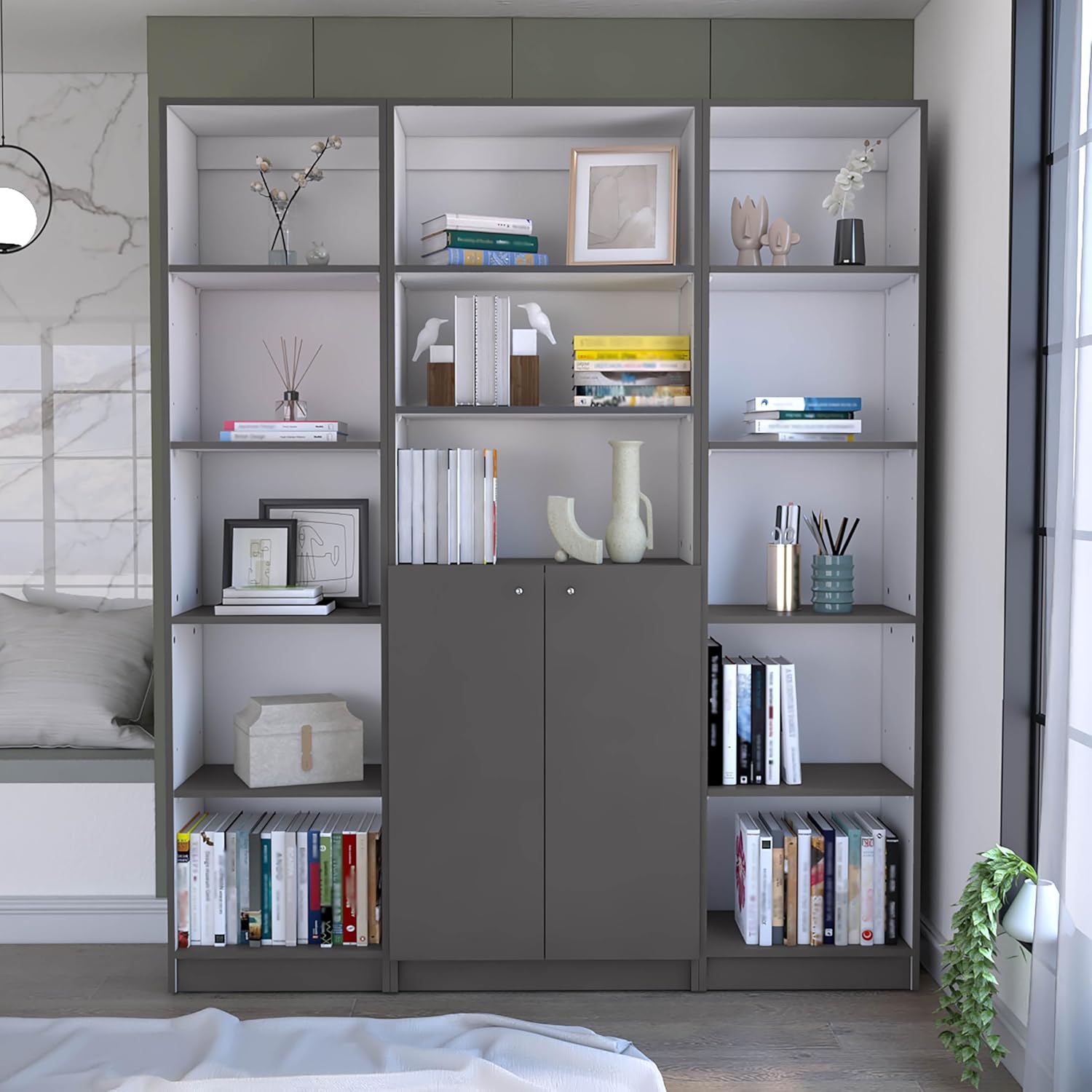 Benicabaly Elegant 3-Piece Bookcase Set for Modern Living, Space-Saving Shelving with Secure Cabinet, Matt Gray Finish