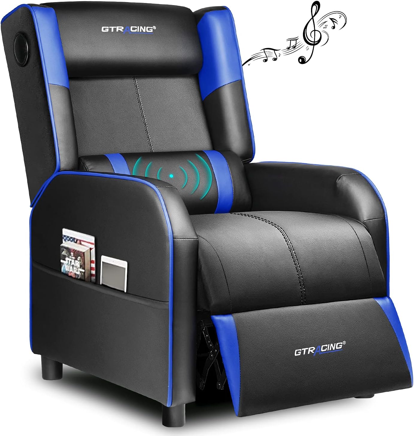 GTRACING Gaming Recliner Chair with Bluetooth Speakers Racing Style Single Gaming Sofa Modern Living Room Recliners Ergonomic Comfortable Massage Home Theater Seating, Black-Blue