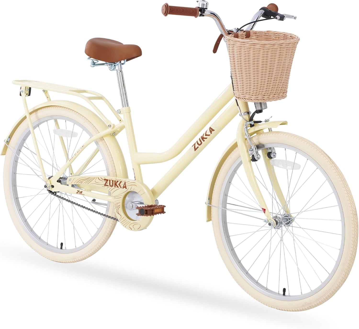 ZUKKA 24 Inch Girls Bike Single Speed Cruiser Bike with Woven Basket Front V Brake and Rear Coaster Brake for Over 10 Years Olds,Multiple Colors