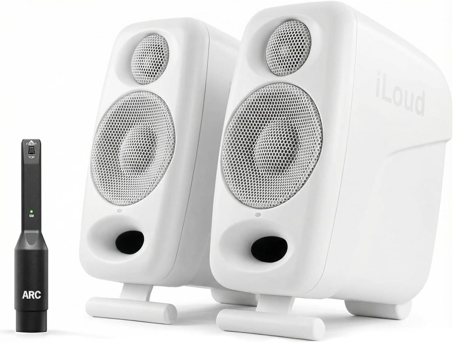 IK Multimedia Premium Version iLoud Micro Monitor Pro White (Pair) 50 Watt Portable & Powerful Reference Studio Monitor, Class D High-Efficiency Amplifier, Custom-Made Drivers for Music Mixing