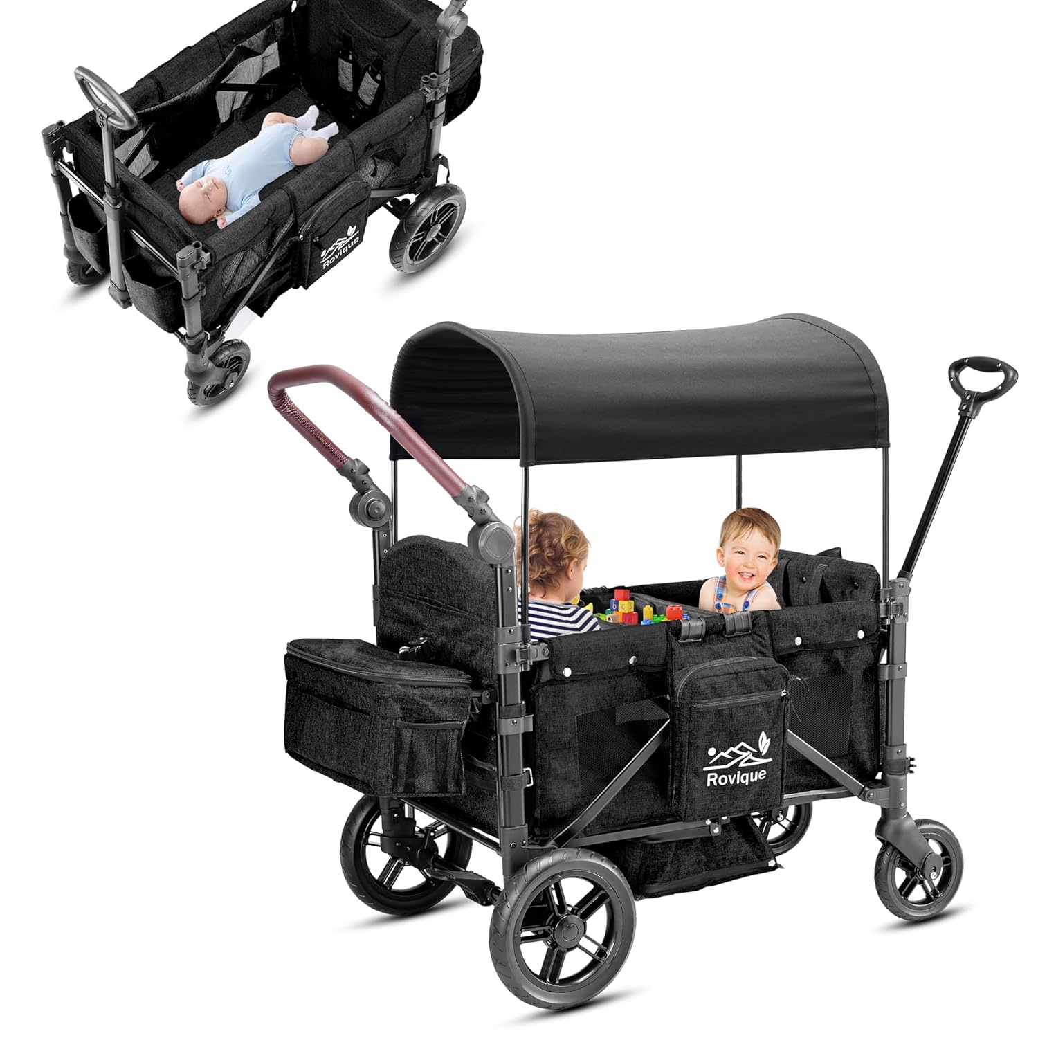Stroller Wagon for 2 Kids,Premium Wagon for Kids with Removable Canopy,Snack Tray,All-Terrain PU Wheels & Adjustable Push/Pull Handle (Black)