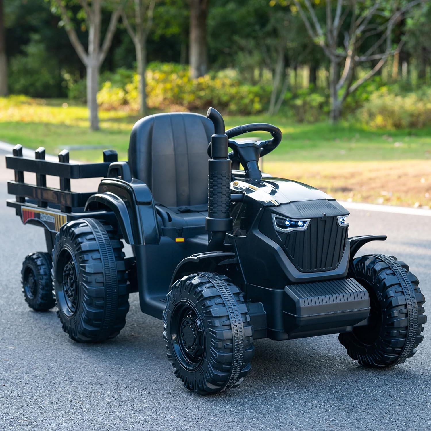 24V Kids Ride-On Tractor with Trailer, 400W Electric Farm Truck with Remote & Pedal Control, Headlights, USB MP3, Power Display, Adjustable Speeds, Safety Belt, Ride-On Toy Gift, Black