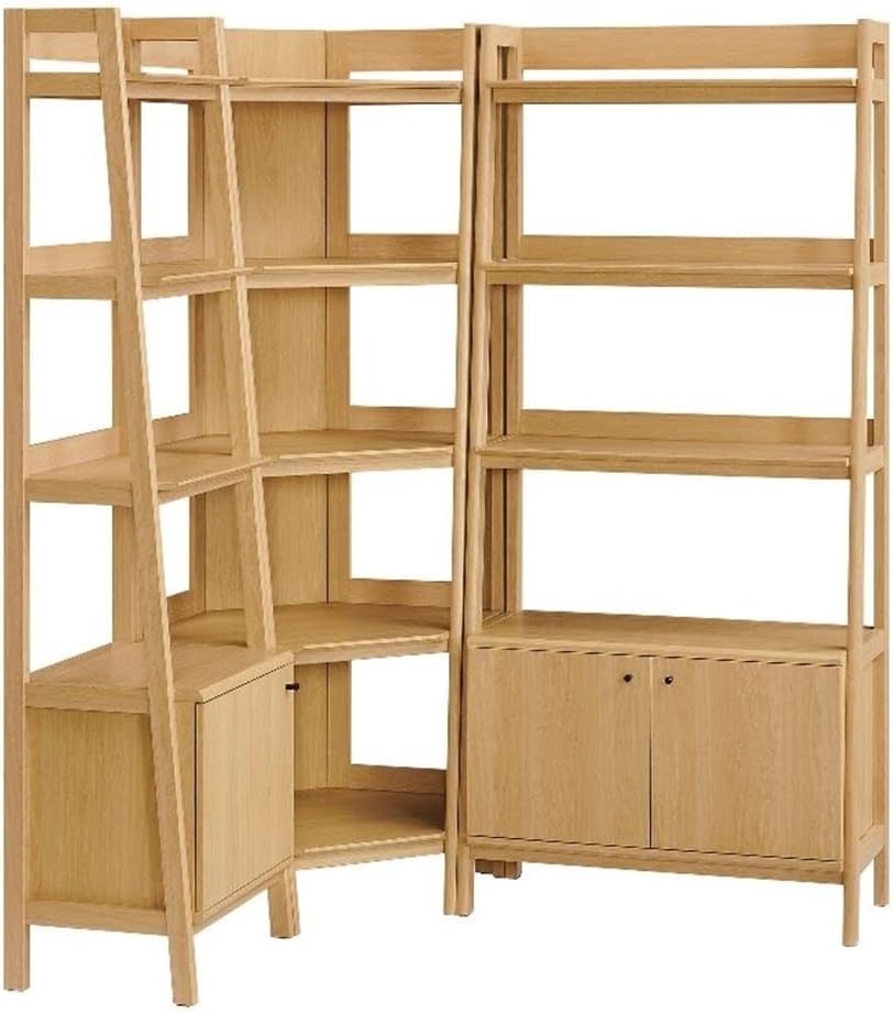 Modway Bixby 3-Piece Corner Bookshelf Set with Wide and Narrow Bookcases in Oak – 12-Tier Wood Bookcases with Open Shelves and Base Cabinets for Living Room, Bedroom, Or Home Office