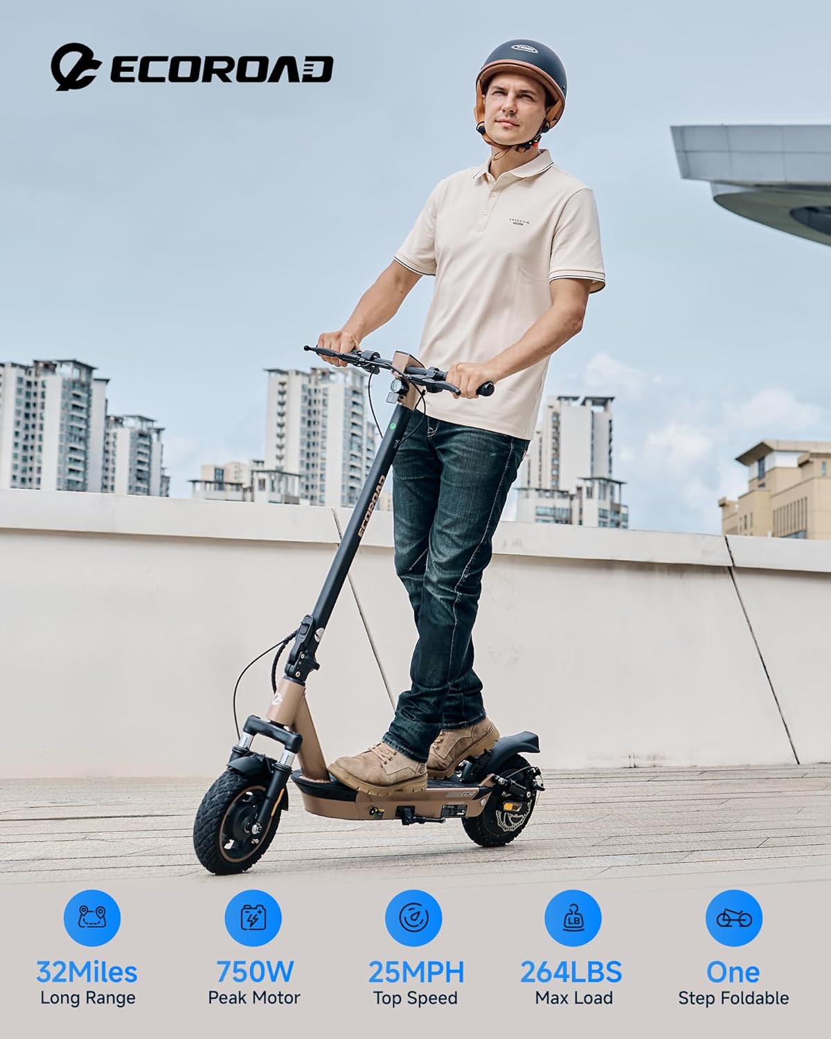 ECOROAD EC10 Electric Scooter for Adults, 500W Motor up to 25 MPH, 32 Miles Long Range, 10
