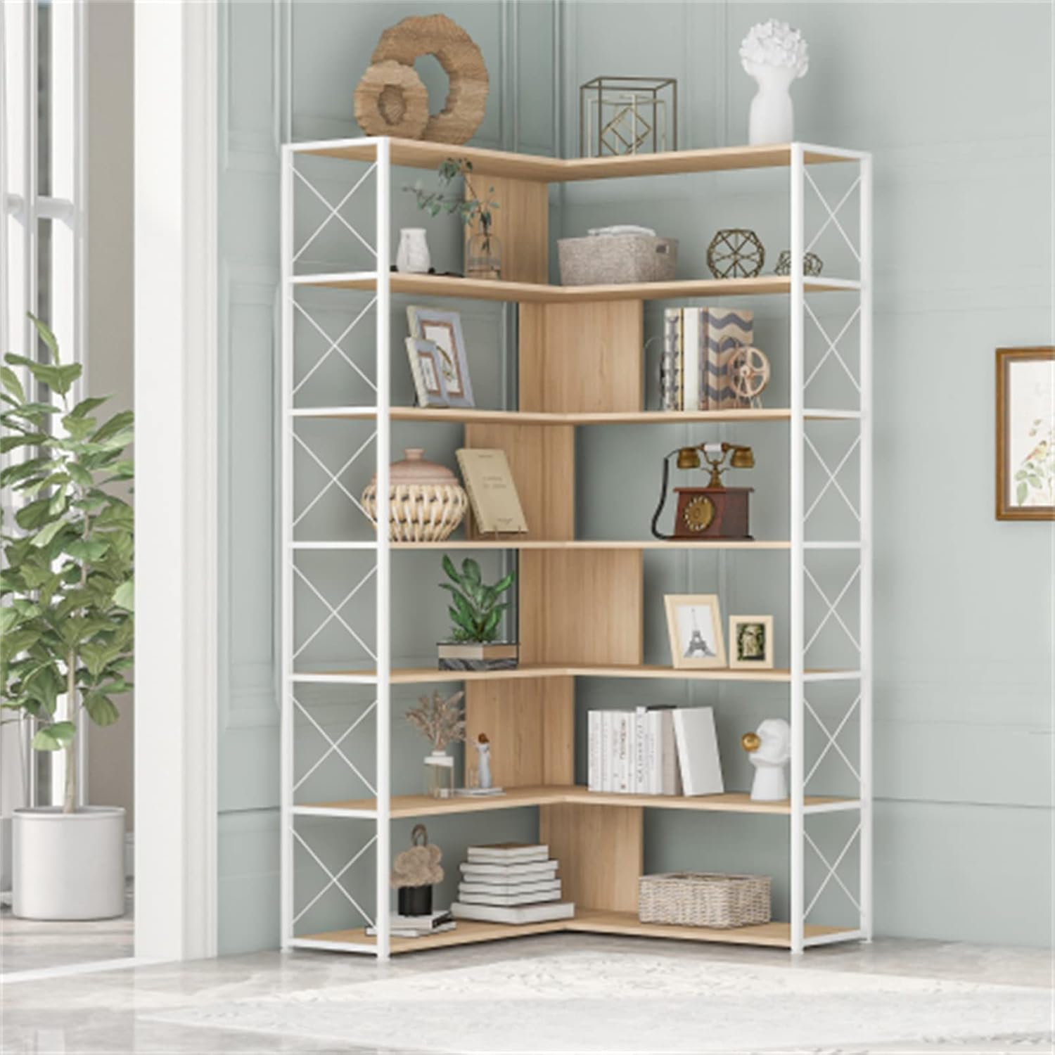 VERYKE 7-Tier Bookcase L-Shaped Bookcase Home Corner Bookshelf with Metal Frame and Open Storage Industrial Style Display Shelf for Home Office(Oak)