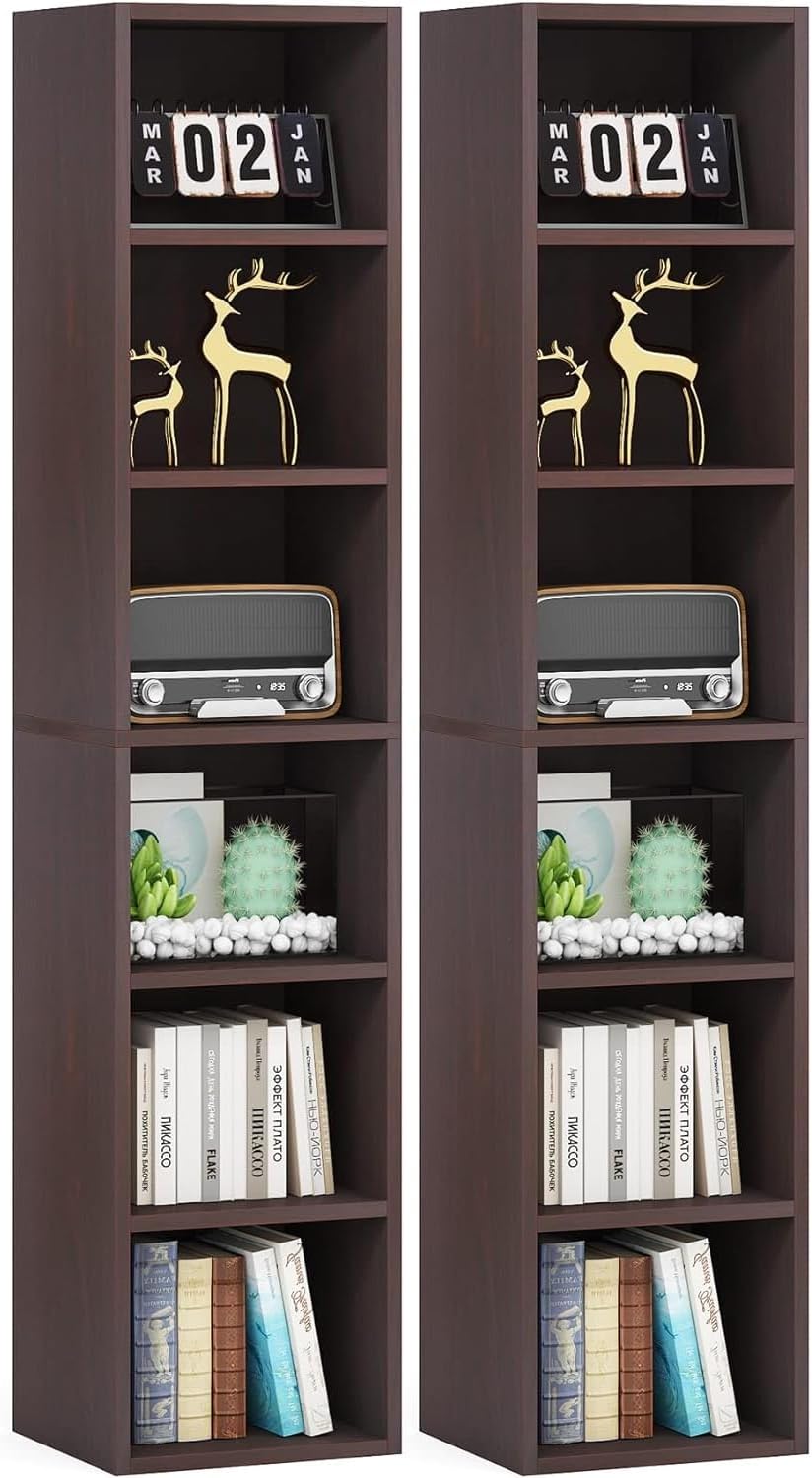LITTLE TREE 70.9 Inch Tall Narrow Bookcase Set of 2, Modern Bookshelf 6 Tier Cube Display Shelf Storage Organizer for Small Space, Brown