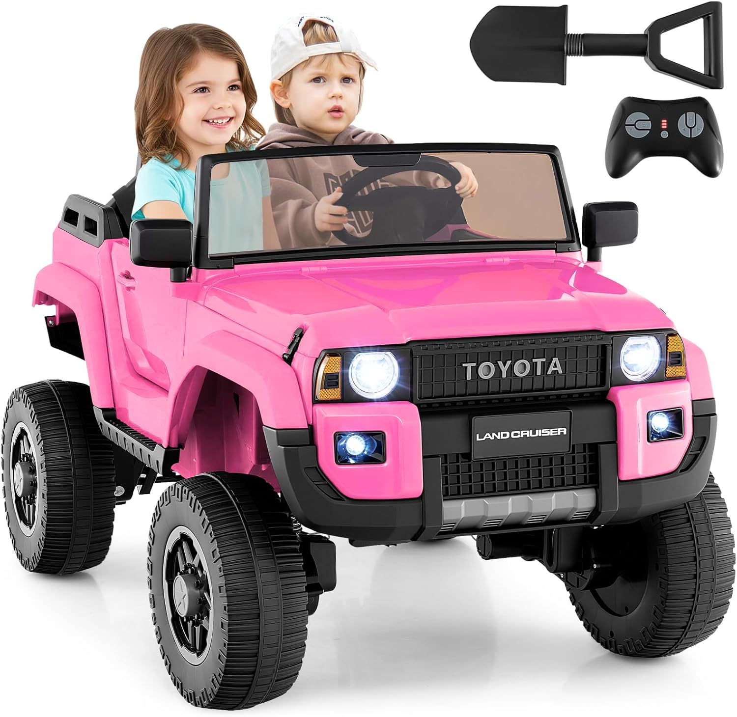 Costzon 24V 2 Seater Ride on Car for Kids, 4WD/2WD Switchable Licensed Toyota LC250 Ride on Truck w/Remote, Shovel, Music & Sounds, Electric Vehicle w/4-Wheel Spring Suspension for Ages 3+ (Pink)