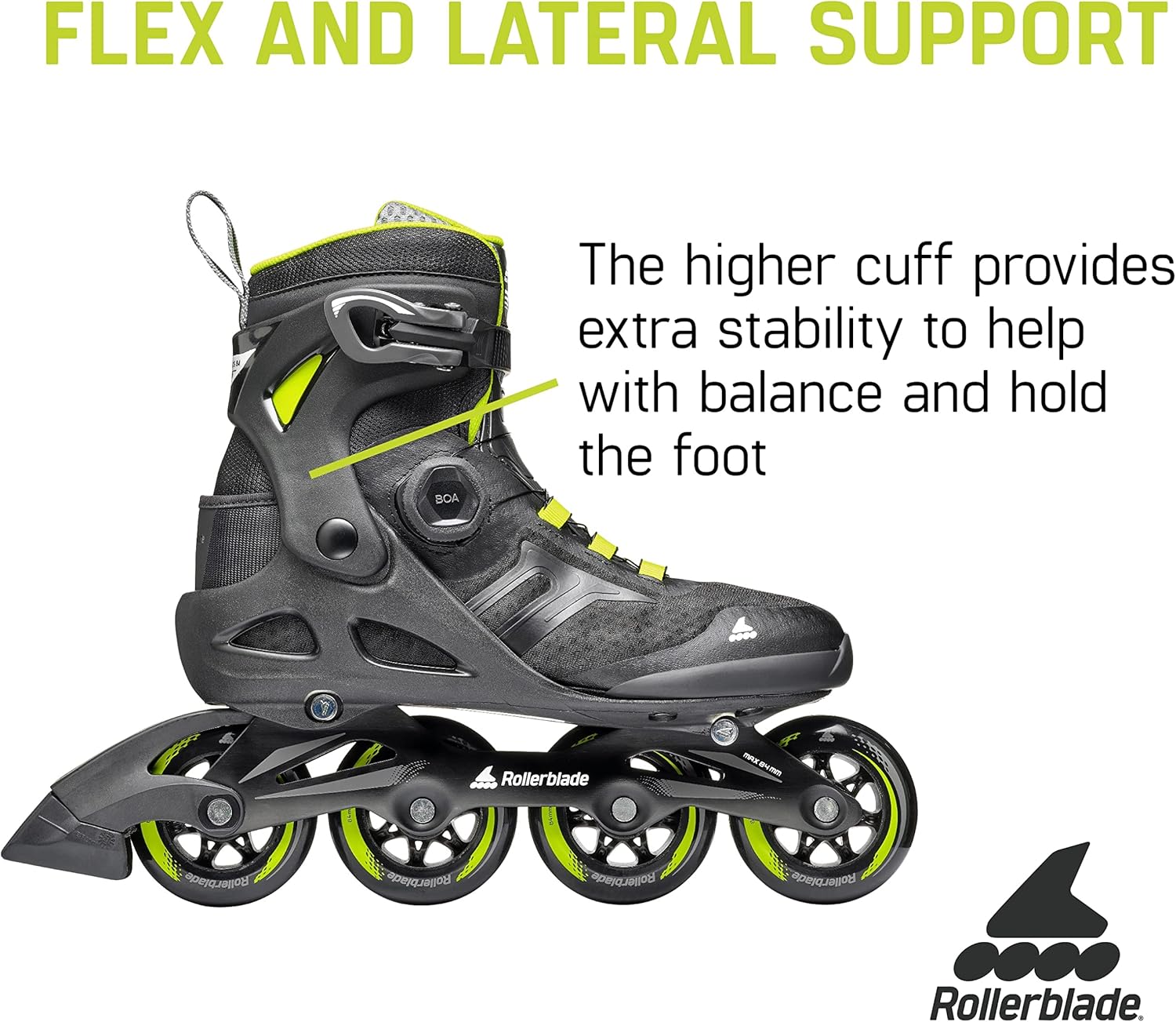 Rollerblade Macroblade 84 BOA, Adult Fitness Inline Skate, Black & Lime, Performance Inline Skates