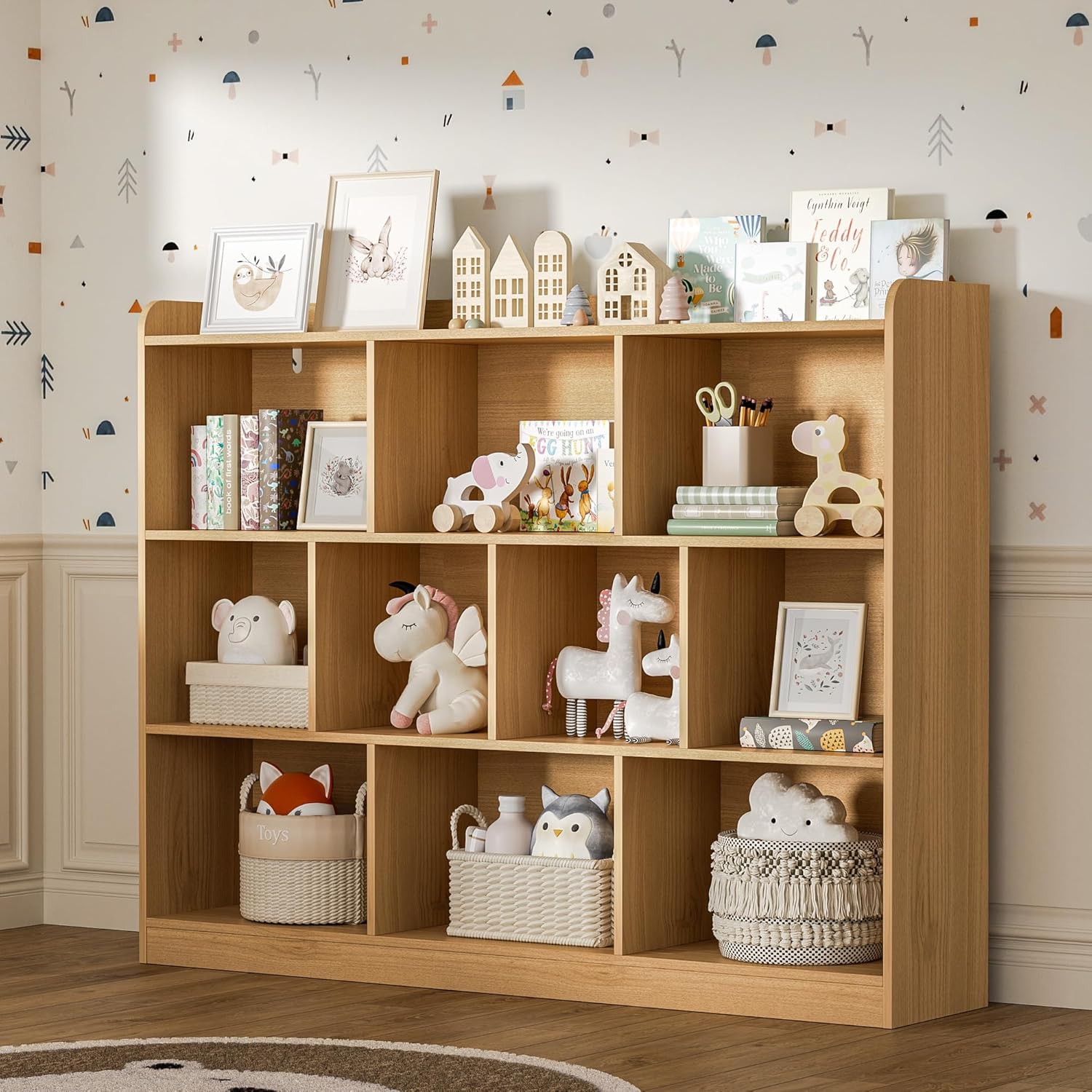 DIYART Oak Bookshelf, Wood Bookcase with 3 Tier Open Shelves, 10-Cube Minimalist Storage Shelf for Living Room, Bedroom, 43.3