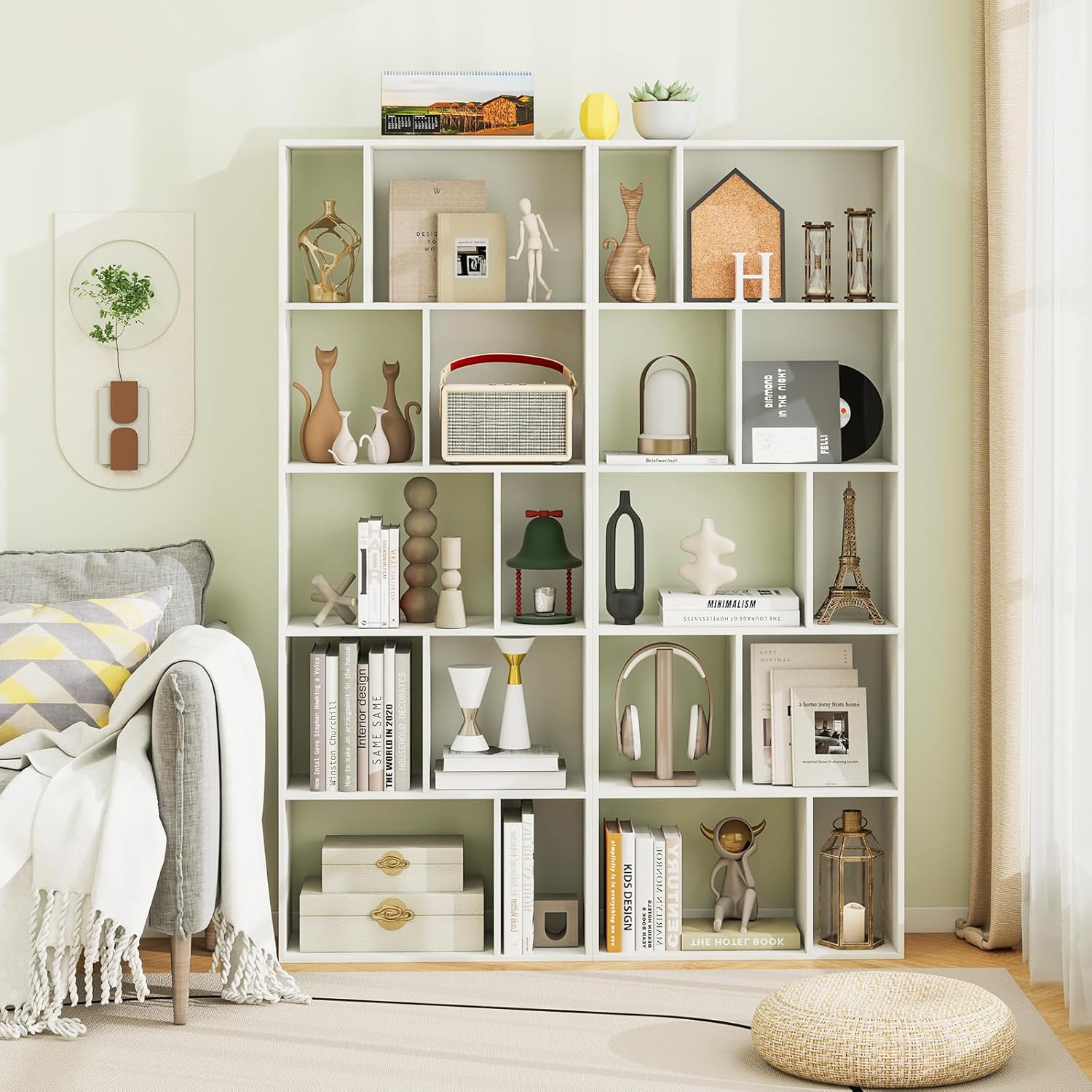 SILKYDRY 5 Tier Geometric Bookshelf, White Etagere Bookcase with 10 Open Cubbies, Wooden Bookshelves and Bookcases, Modern Display Shelving Unit, 63” Tall Cube Storage Organizer for Home Office (2)