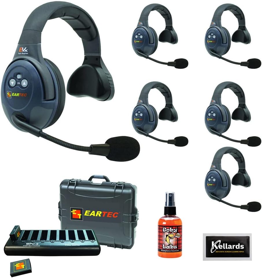 EARTEC Evade EVX6S Full-Duplex Wireless Intercom System with 6 Single-Ear Headsets (2.4 GHz) Bundle with Goby Labs Spray for Headphones and Kellards Cleaning Wipes (5-Pack)