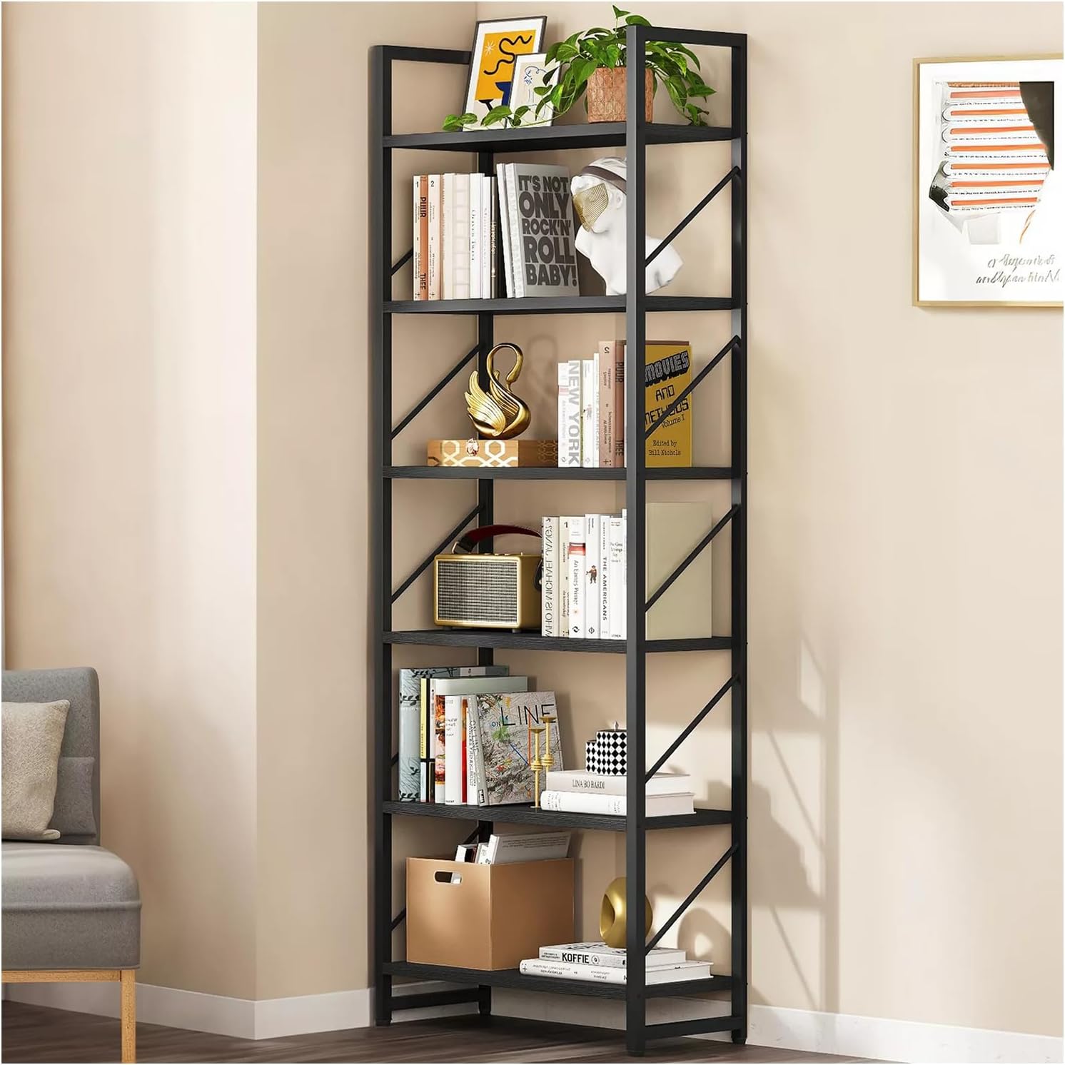 New Artsy Modern Design Black 6 Tier Tall Bookcase Bookshelf Display Industrial Wooden Rack Storage Vintage Shelf Corner Organizer Shelving Wide Room Home Metal Wood 23.6