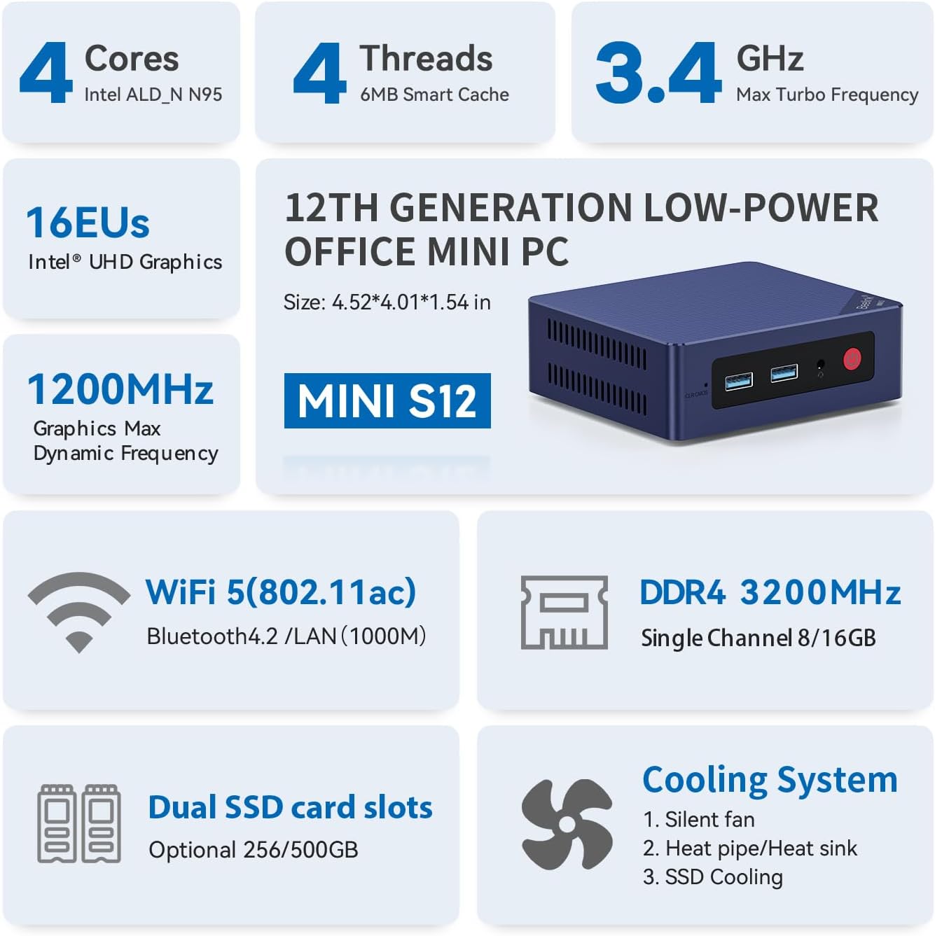 Beelink Mini PC, Mini S12 Intel 12th Gen 4-Core N95(up to 3.4GHz), Mini Computer 8GB DDR4 RAM 256GB SSD, Desktop PC Dual HDMI 4K UHD/Gigabit Ethernet/Dual WiFi5/BT4.2/HTPC/W11 Home
