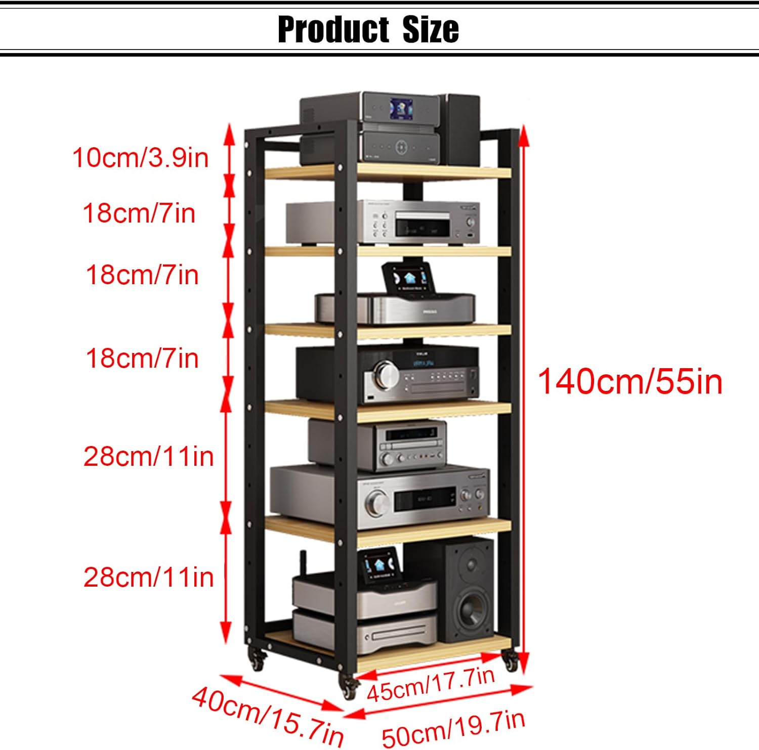 JIXDILO 4-Tier AV Media Stand with Wheels Adjustable Height Wooden Shelves Stereo Component Cabinet Storage Rack Audio Rack Tower for DVD Players Game Console TV Box(6-Tier