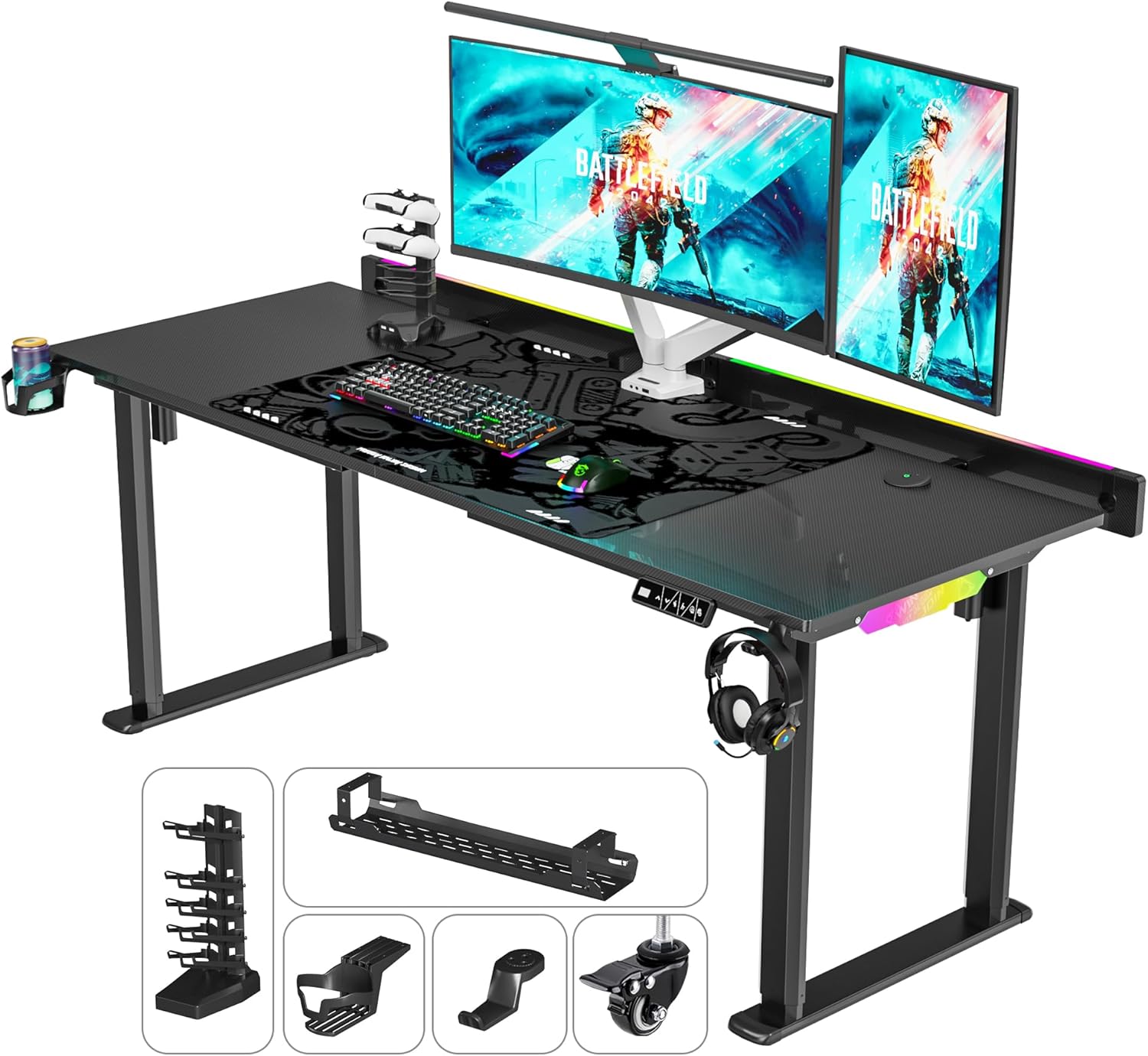 JWX Dual Motor 4 Leg Standing Gaming Desk with LED Lights,71'' Height Adjustable Sit Stand Computer Table, Flip-Up Cable Management Panel, Memory Presets Ergonomic Workstation for Gaming Room Setup