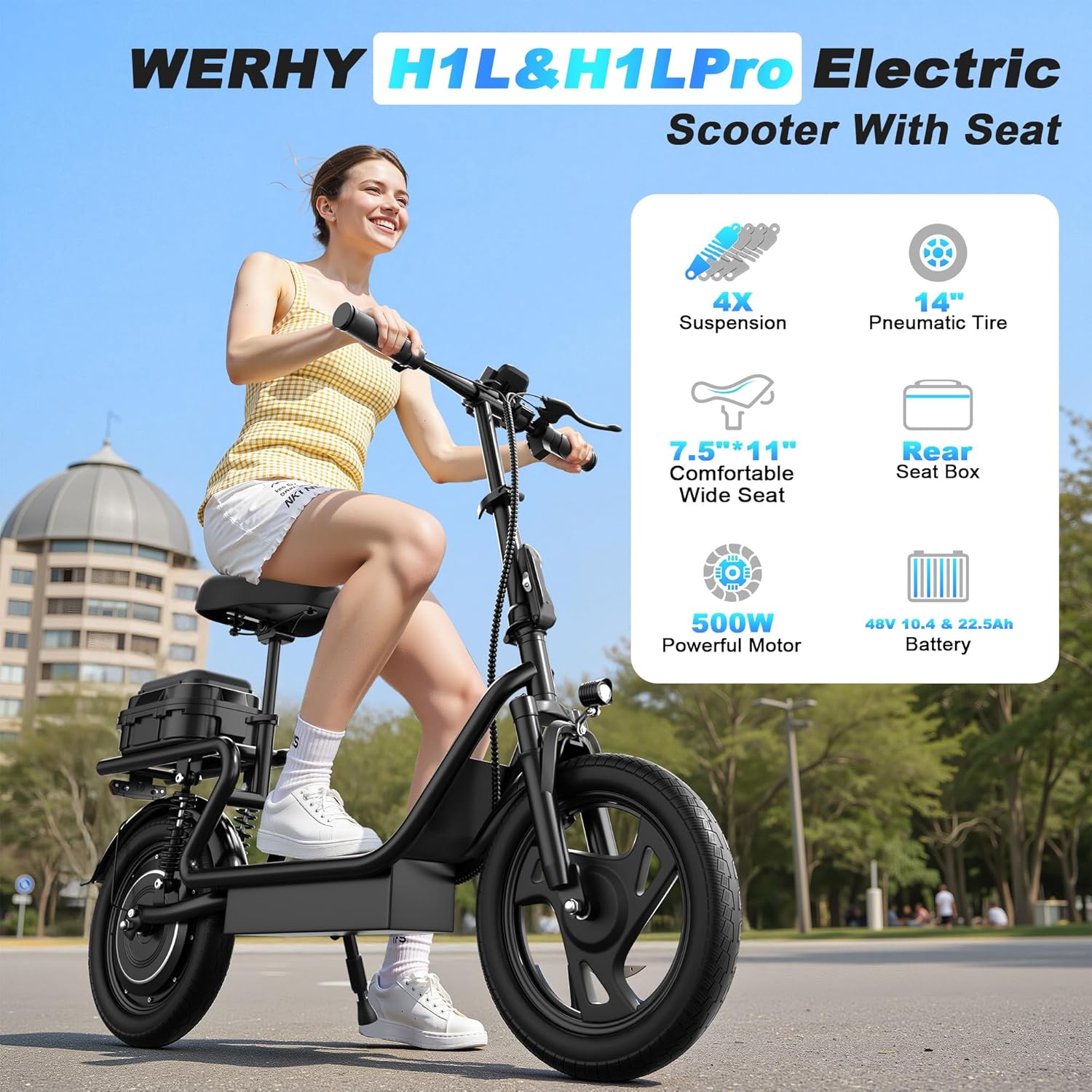 WERHY Electric Scooter,500W Motor, 14'' Tires, Top Speed 22 mph, Max 27/49 Miles Ranges, Foldable E-Scooter with Suspension &Adult with Seat, Digital Display, Cruise Control,Rear Seat Box/Basket