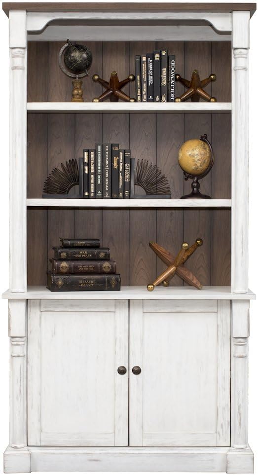 Starlight Canyon Home Rustic Wood Bookcase with Doors, 3 Adjustable Shelves, Fixed Shelf, Concealed Storage, White/Cherry Top