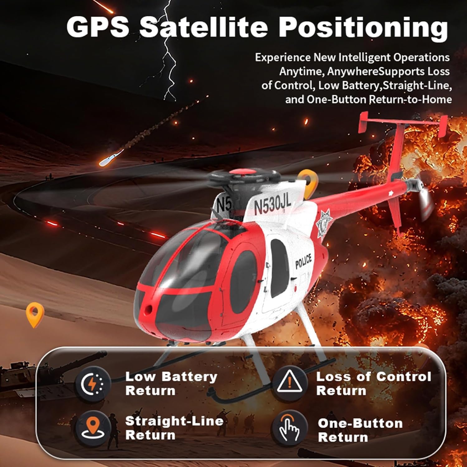 F119S MD500 6-Axis Gyroscope RC Helicopter with Flybarless Rotor Head, 6G/3D Switchable Modes Openable Cockpit - Remote Control Helicopter RTF for Beginner & Adults(Black,with Camera)