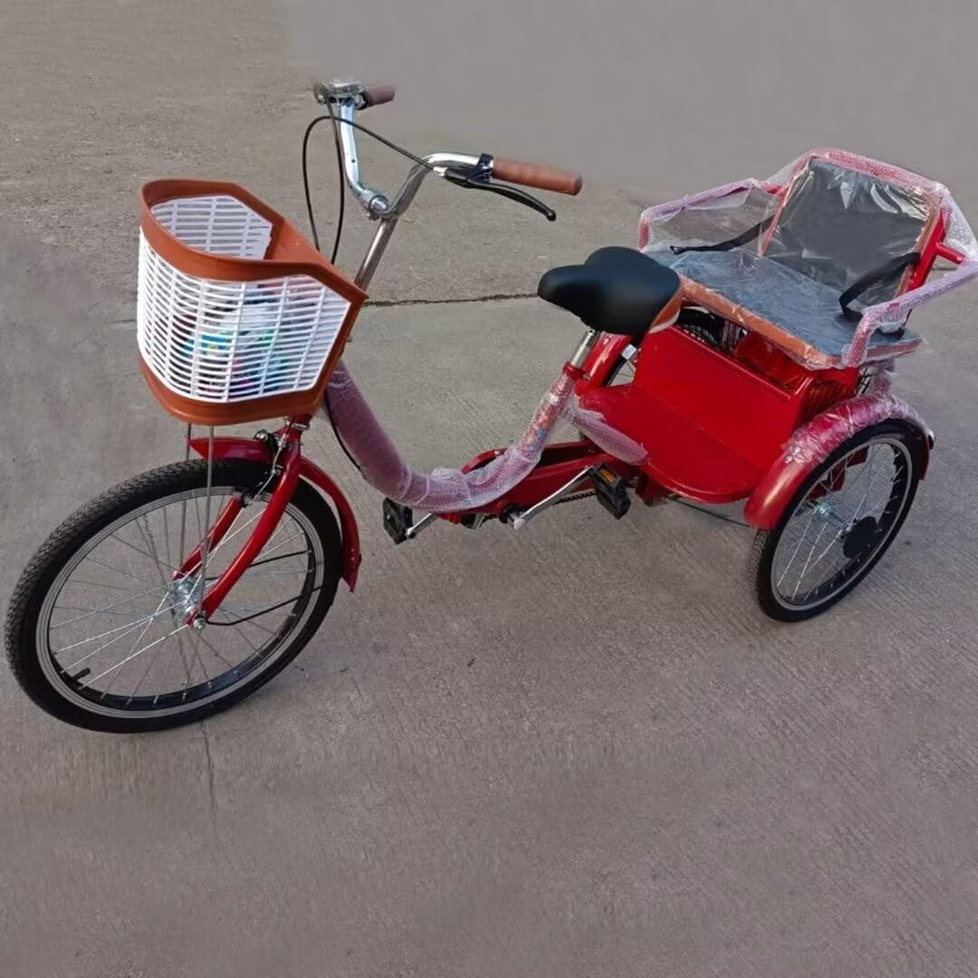 Folding Adult tricycles with Back seat,Elderly Rickshaw Pedals Tricycle,Trike with Shock Absorb Front Fork,3 Wheels Bicycles for Hanging Out and Traveling (Red)