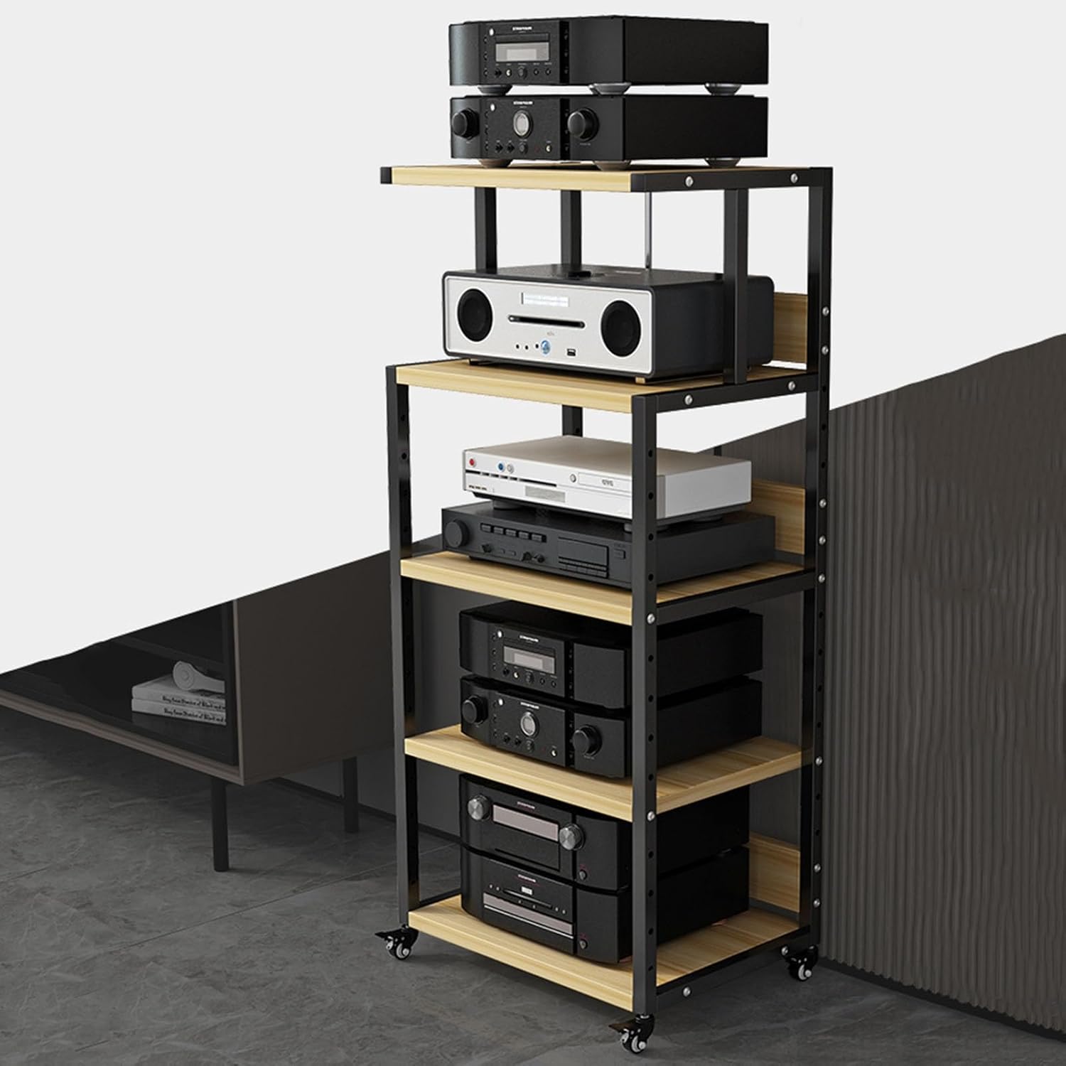 5-Tier AV Media Stand Audio Tower CD Player Stand Corner Entertainment Center Stereo Component Cabinet with Height Adjustable Wooden Shelf for Home/Office/Theater