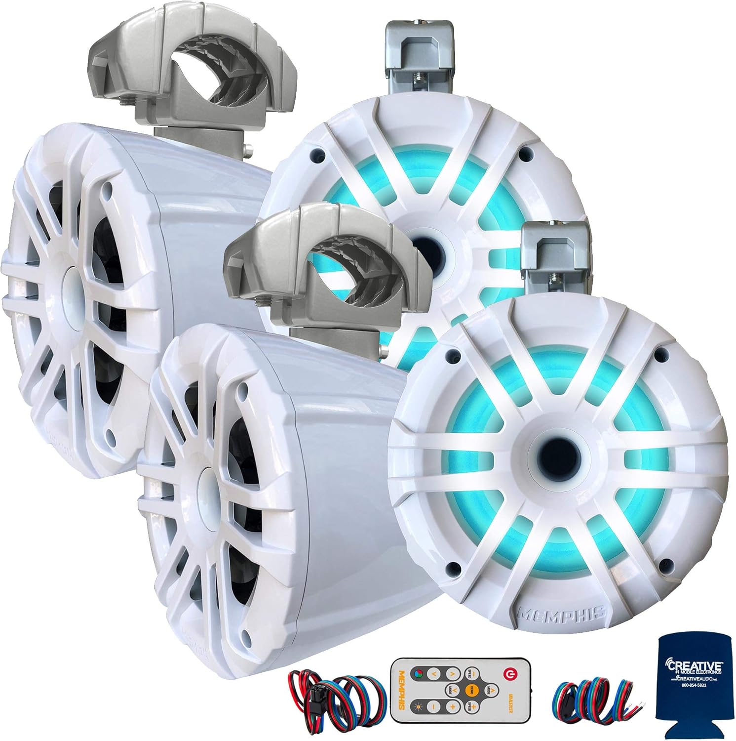Memphis Audio LED Tower Speaker Bundle with 4 (2 Pairs) MXA62TW White 6.5 Compression Speakers with Swivel Mounting Clamps and Remote