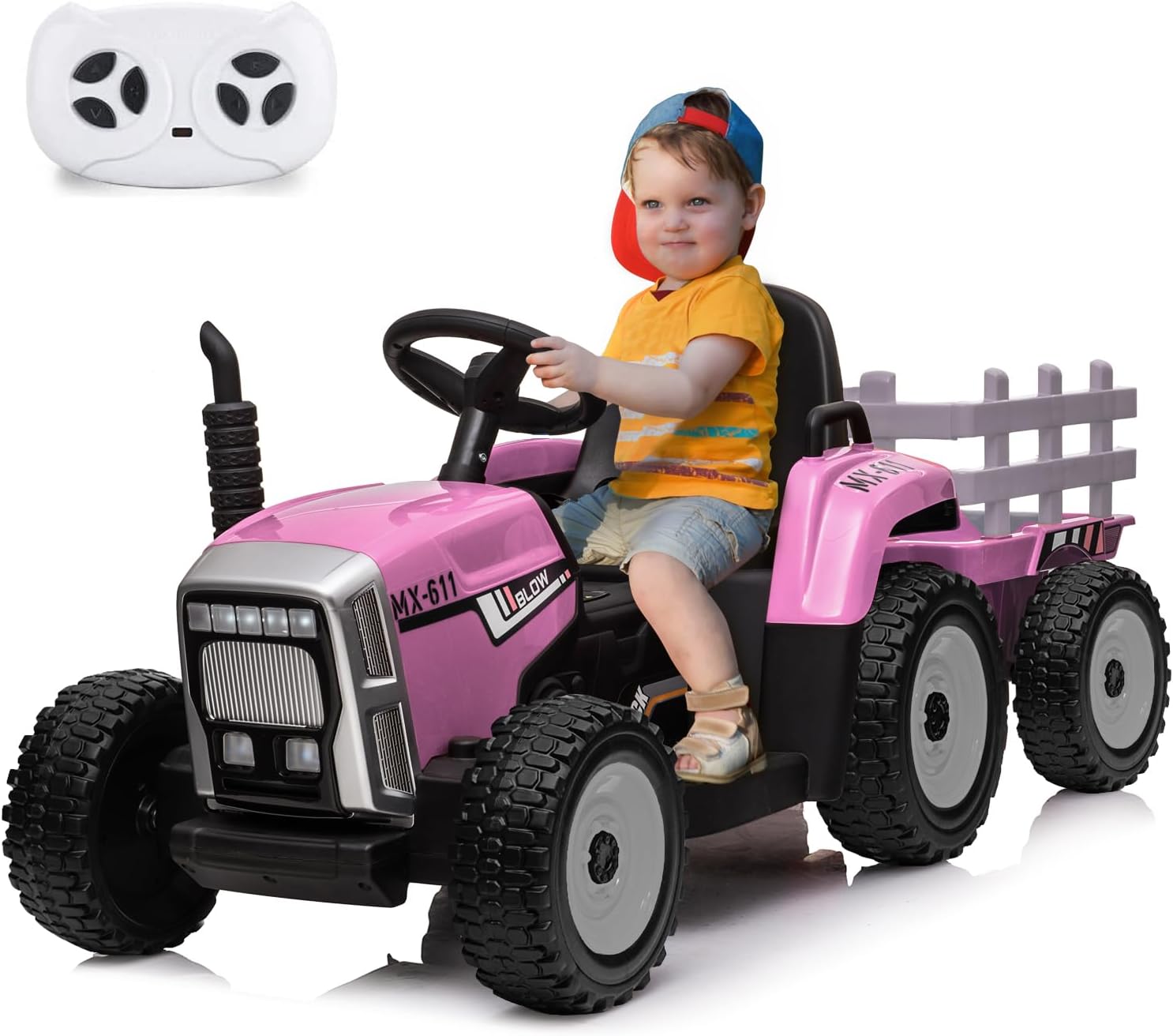 Garvee 12V Kids Ride on Tractor with Trailer & Remote Control, Speed Up to 5 Mph, Toddler Electric Vehicle Car with Headlights,2+1 Gear Shift, Music, USB for 3-6 Years Children