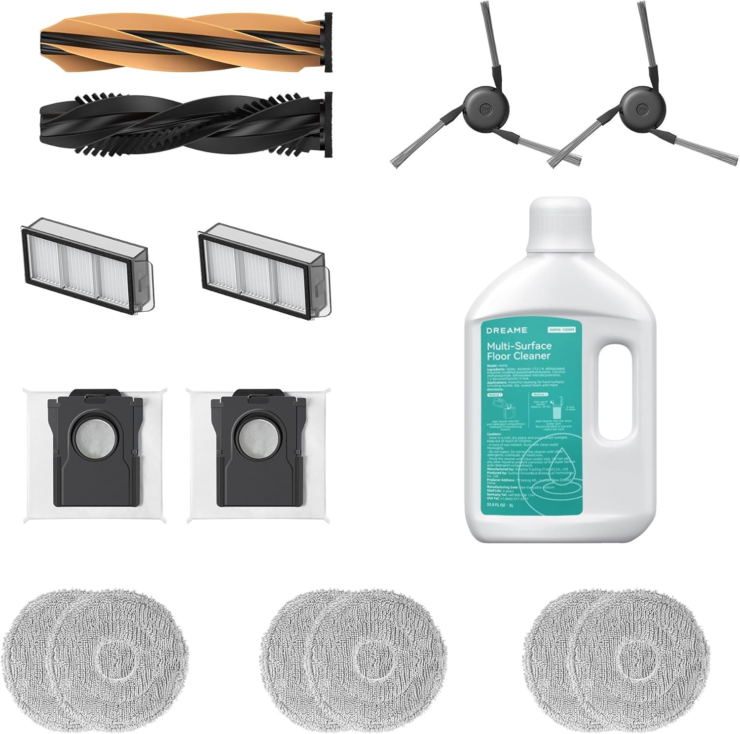 dreame Robot Vacuum Accessories Kit Compatible with X50 Ultra / L50 Ultra/L40s Ultra (Detangling DuoBrush*1, Side Brush*2, Dust Box Filter*2, Dust Collection Bag*2, Cleaning Solution*1, Mop Pad*6)