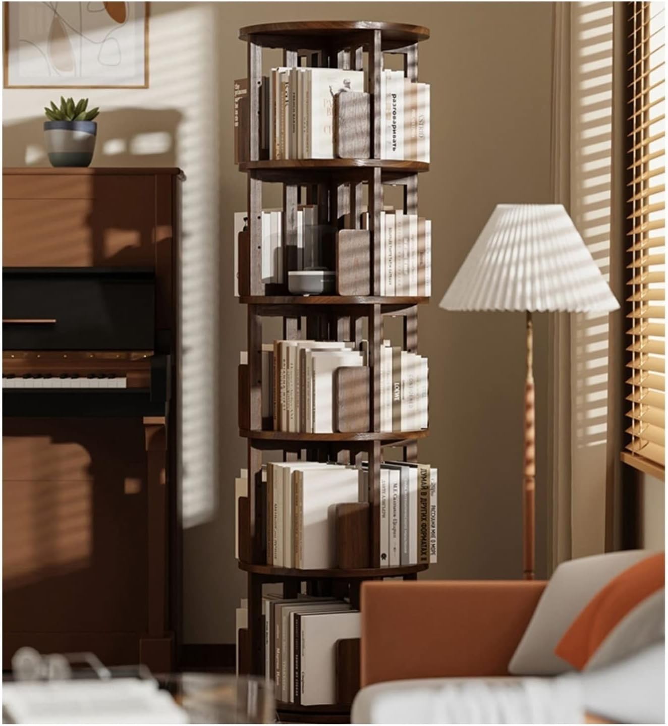 KIRANDY Round Solid Wood Rotating Bookshelf Corner Bookcase, Floor-to-Ceiling Storage Rack for Living Room Picture Book Rack (44x44x184cm Walnut Color)