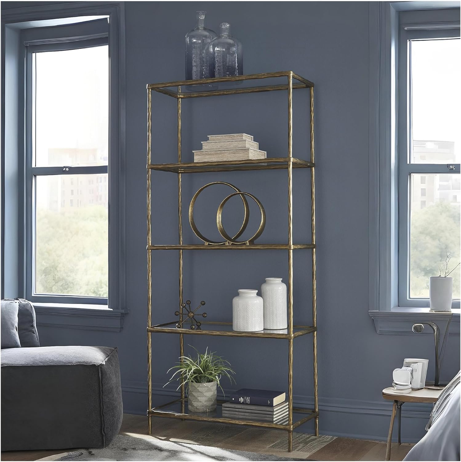 Signature Design by Ashley Ryandale Modern 5 Shelf Bookcase, Antique Brass Finish