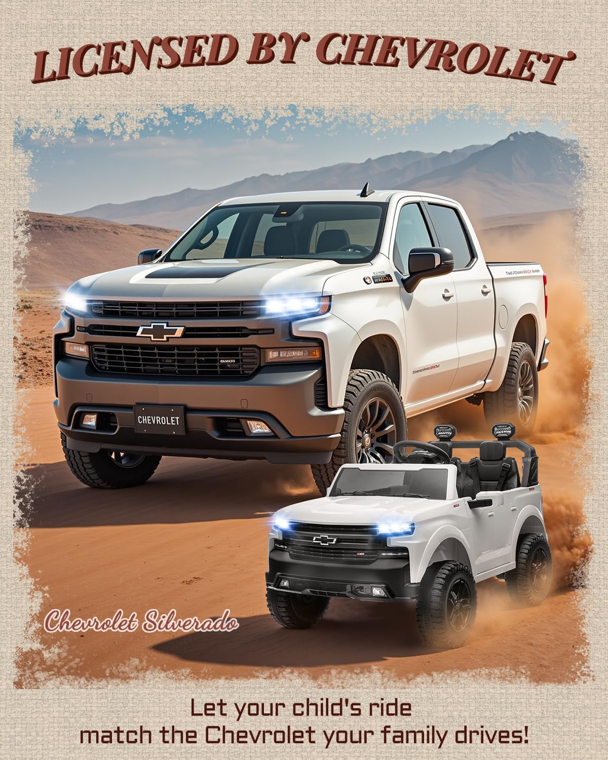 First Ride On 24V 2 Seater Ride on Car for Kids, Licensed Chevrolet Silverado Electric Car for Kids with Remote Control, Toddler Car with Bluetooth, LED Lights, Seat Belts and Spacious Design (White)