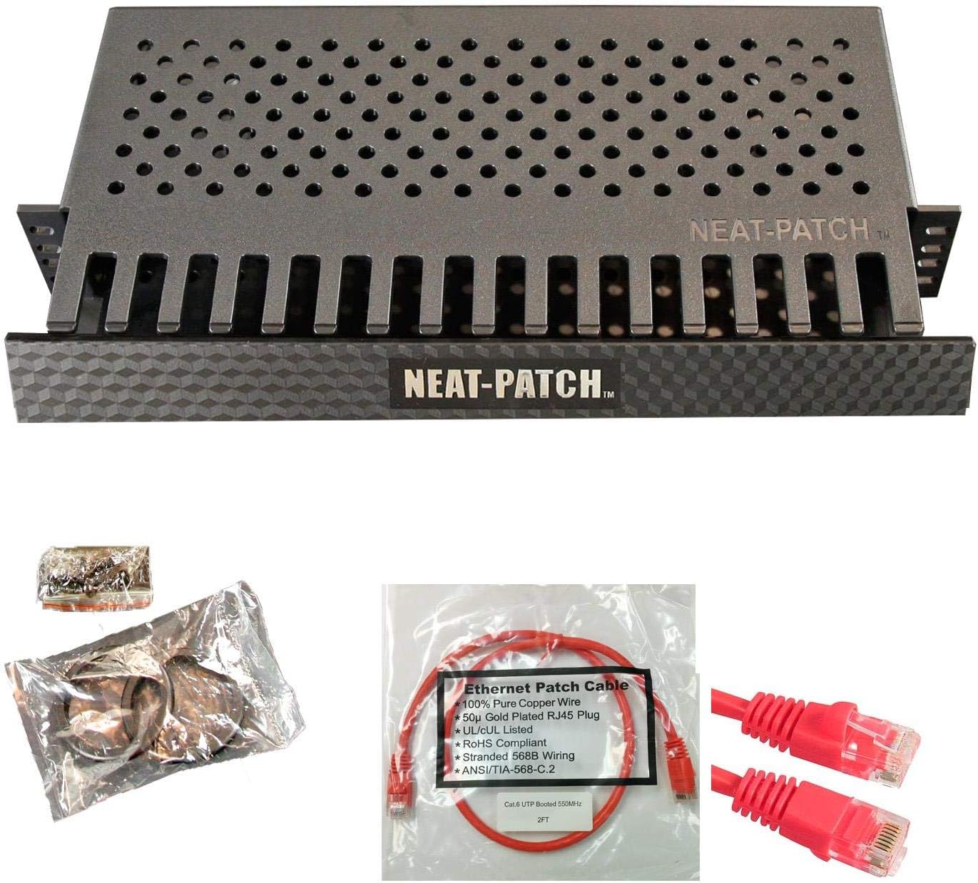 Neat Patch MINI 1U Low Profile Cable Management Kit - 5 Packs w/ 120 CAT6 Patch Cables (1FT Red)
