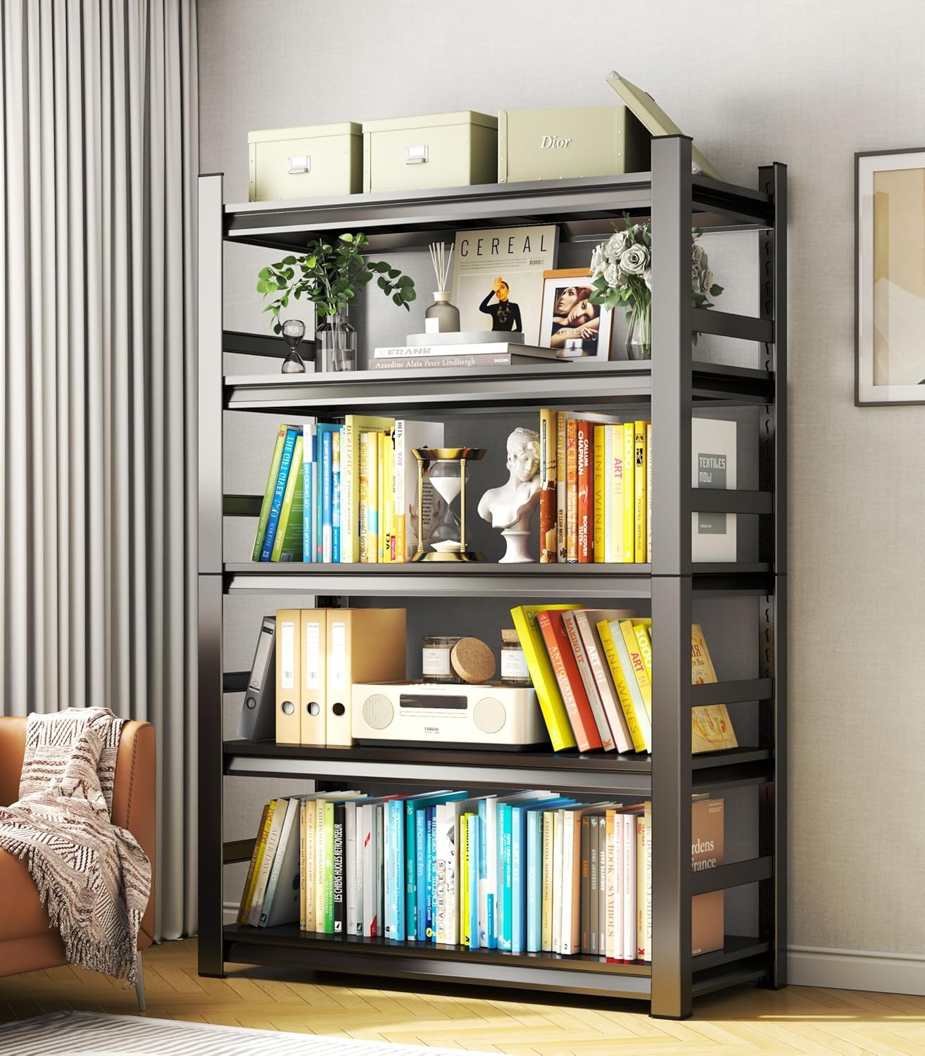 BEESTMUEBLE Book Shelf, Tall Bookcase, Metal Industrial Bookshelf, Living Room Shelves, 5 Tier Bookshelf with Fences, Storage Shelves for Bedroom/Home Office, 47.2