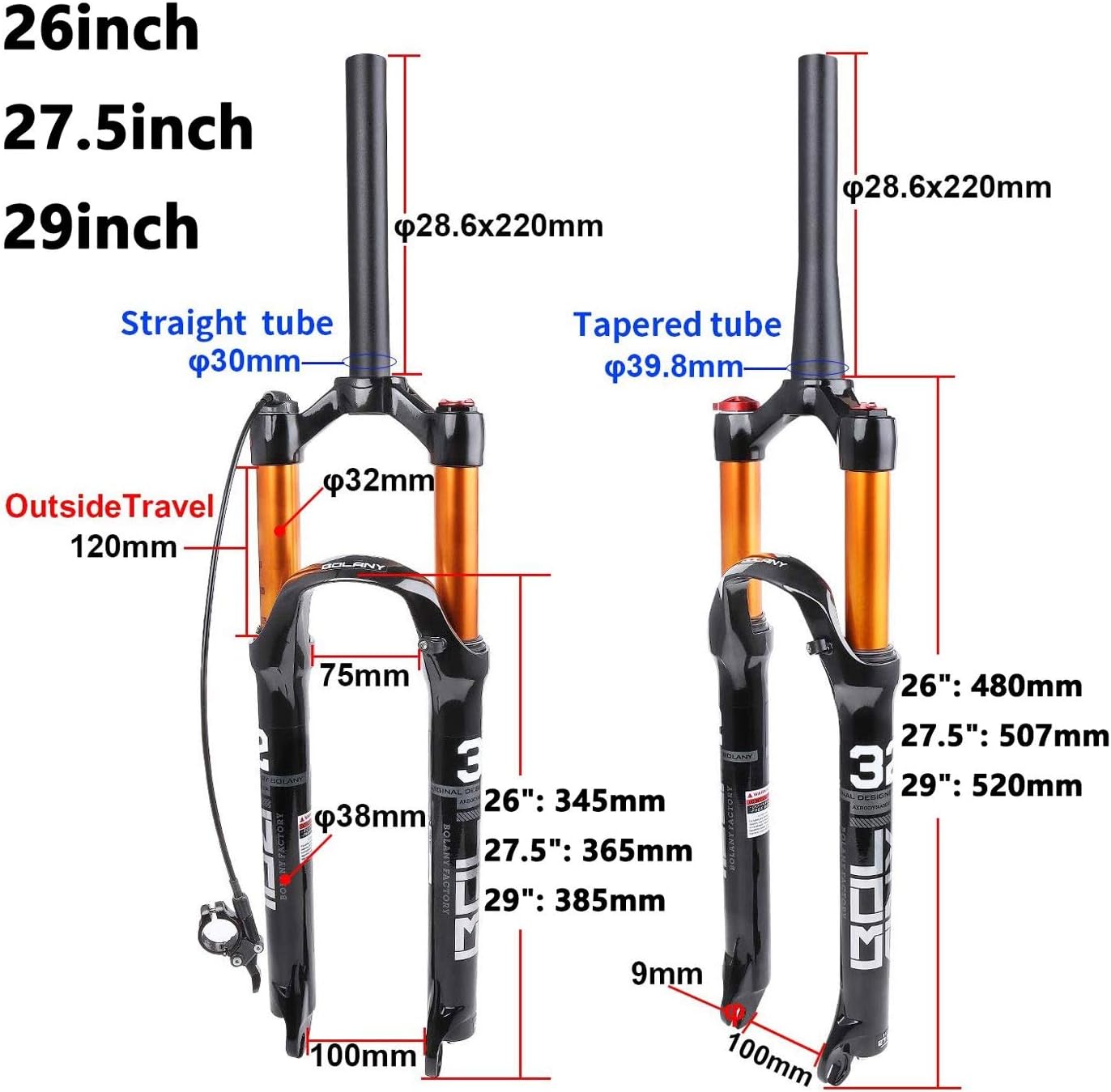 Magnesium Alloy Suspension Fork 26/27.5/29 Inch, 1-1/8