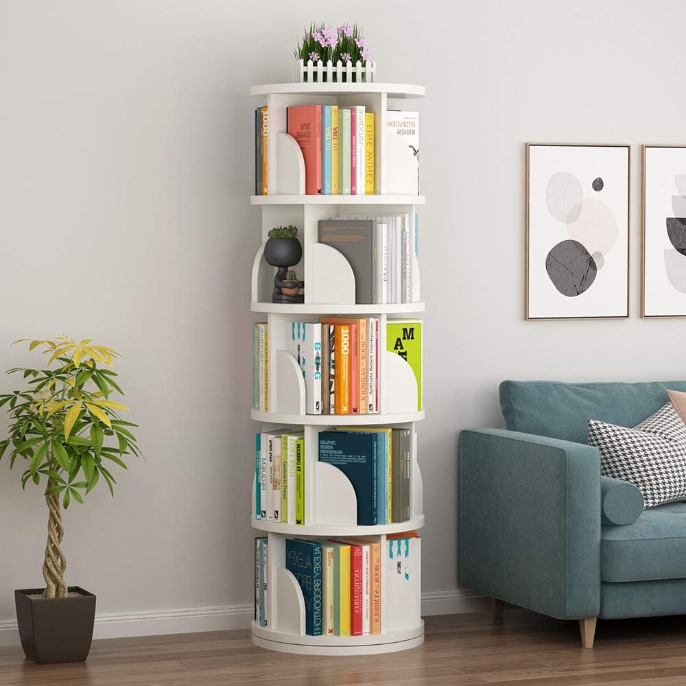 Rotating Bookshelf Tower,3/4/5 Tier Standing Bookshelf for Kids&Adults,360° Display Spinning Bookshelf,Wood Corner Rotating Bookcase Storage Rack,Bedroom,Living Room,Corner Bookshelf for Small Space