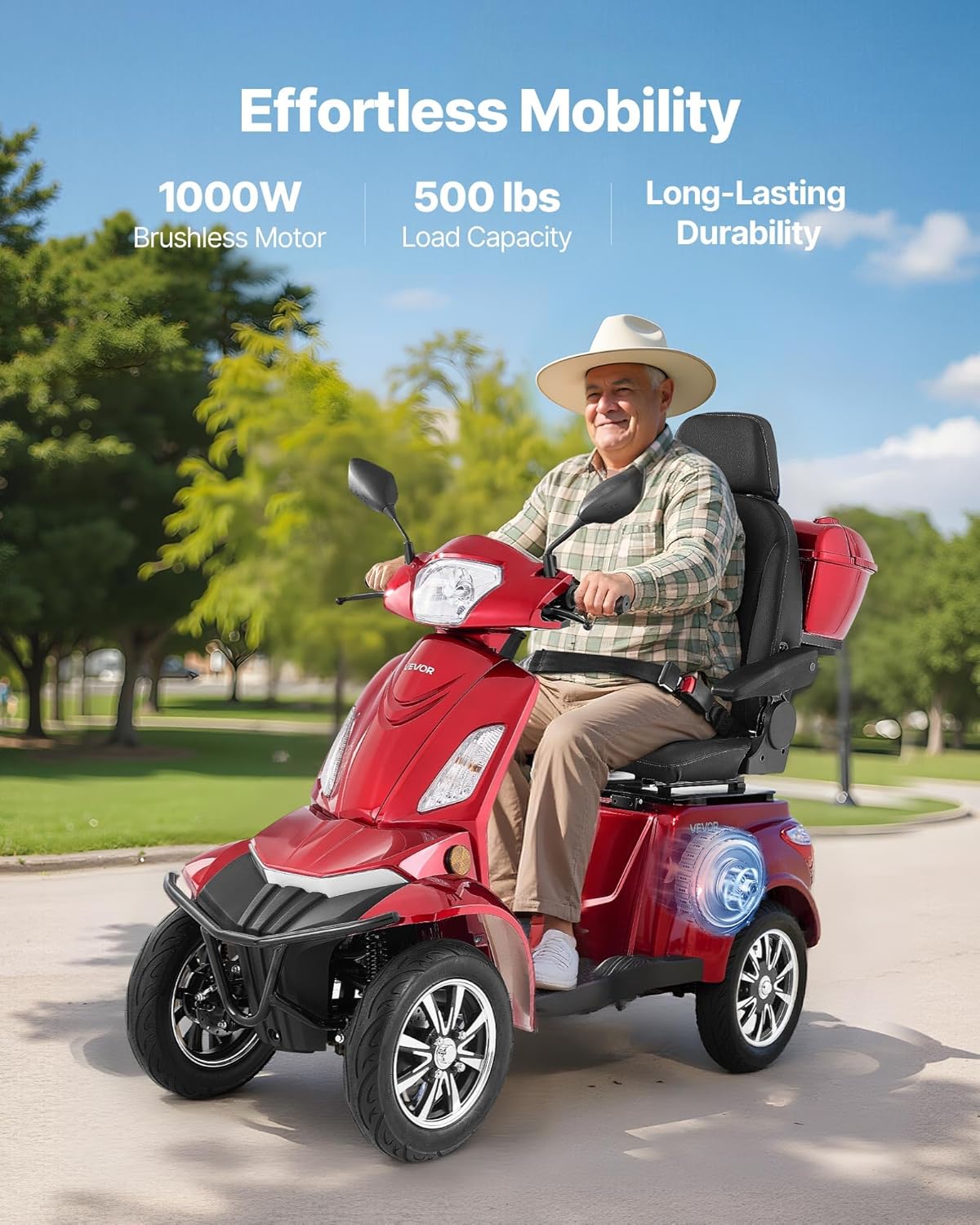 VEVOR Heavy Duty 4-Wheel Mobility Scooter, Powerful 1000W Brushless Motor, 500 lbs Capacity, 21.5 Miles Long Range, All Terrain Mobility Scooter with Lockable Trunk for Seniors & Adults