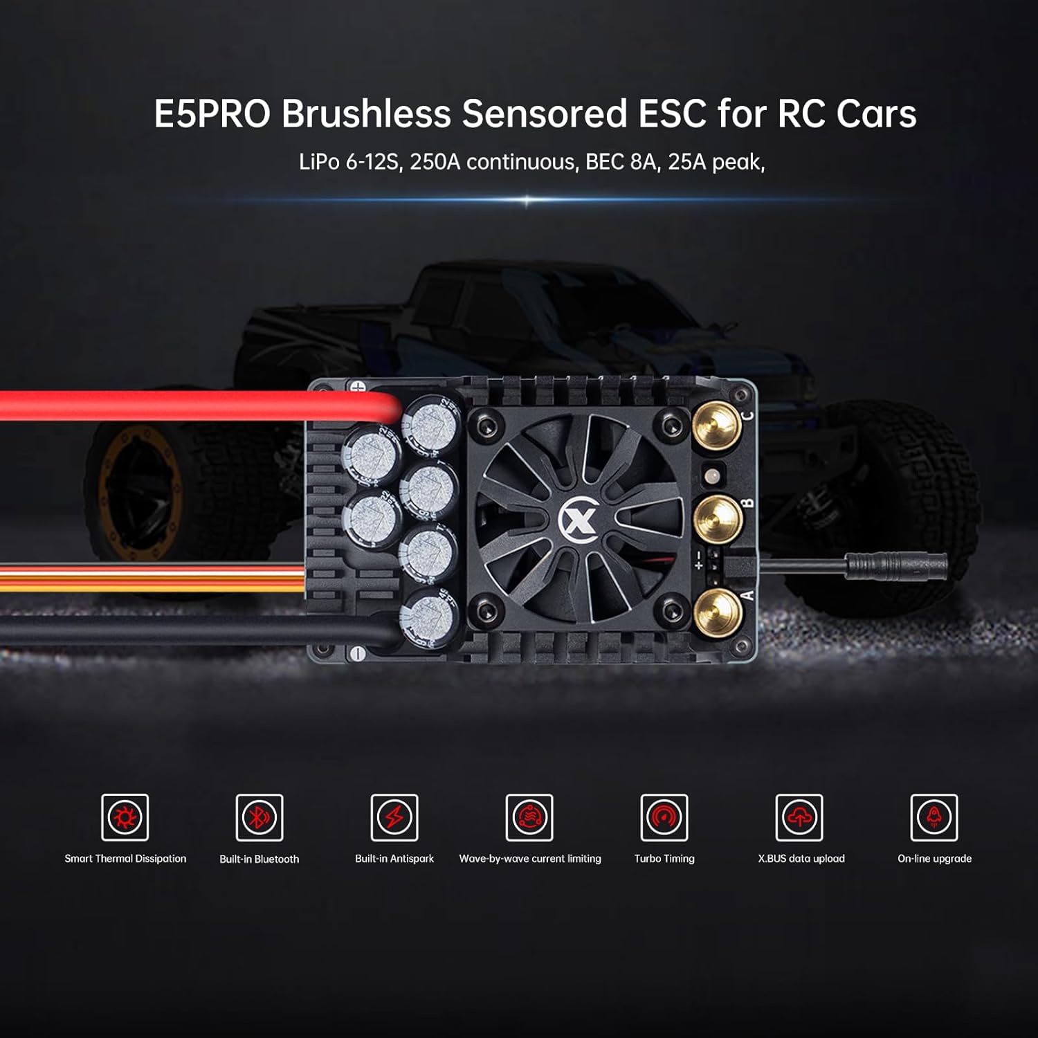 XC E5Pro APP Controls Sensored Brushless ESC for RC Car,6-12S Lipo,250A Continuous Current,8-25A、6.0/7.4/8.4V BEC,Applicable to 1/5、1/6 Off Road Truck Monster
