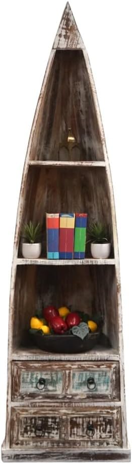 Sundara Furnishings Nautical Bookcase, Canoe Bookcase with 2 Drawers, Reclaimed Wood, Whitewashed, 81