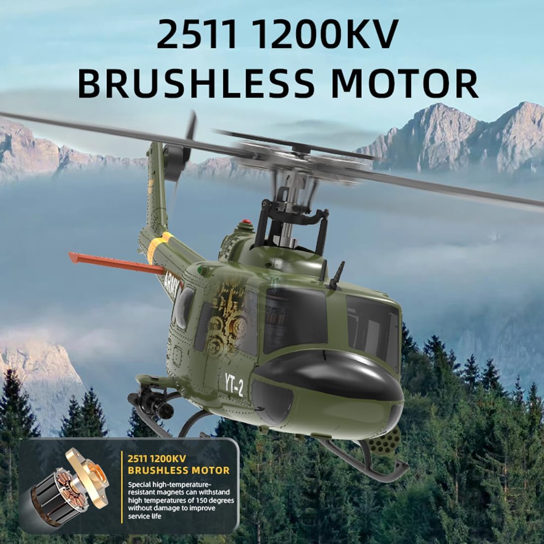 F07-V UH-1 Huey Brushless Military RC Helicopter, 1:34 Scale 2.4G 6CH Single Rotor RC Helicopter with 3D/6G Modes, High-Performance Stunt Drone for Advanced Pilots