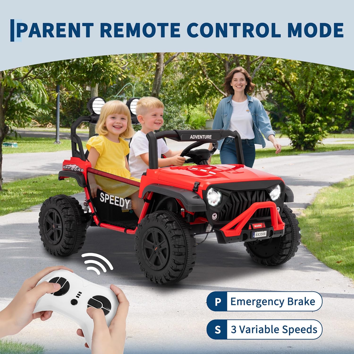 24V Ride on Car for Big Kids, 2 Seater Ride on Toy, Kids Electric Vehicles with Remote Control, Spring Suspension, Front & Behind LED Lights, Dual Storage, 3 Speeds, Music, Smooth Start, Red