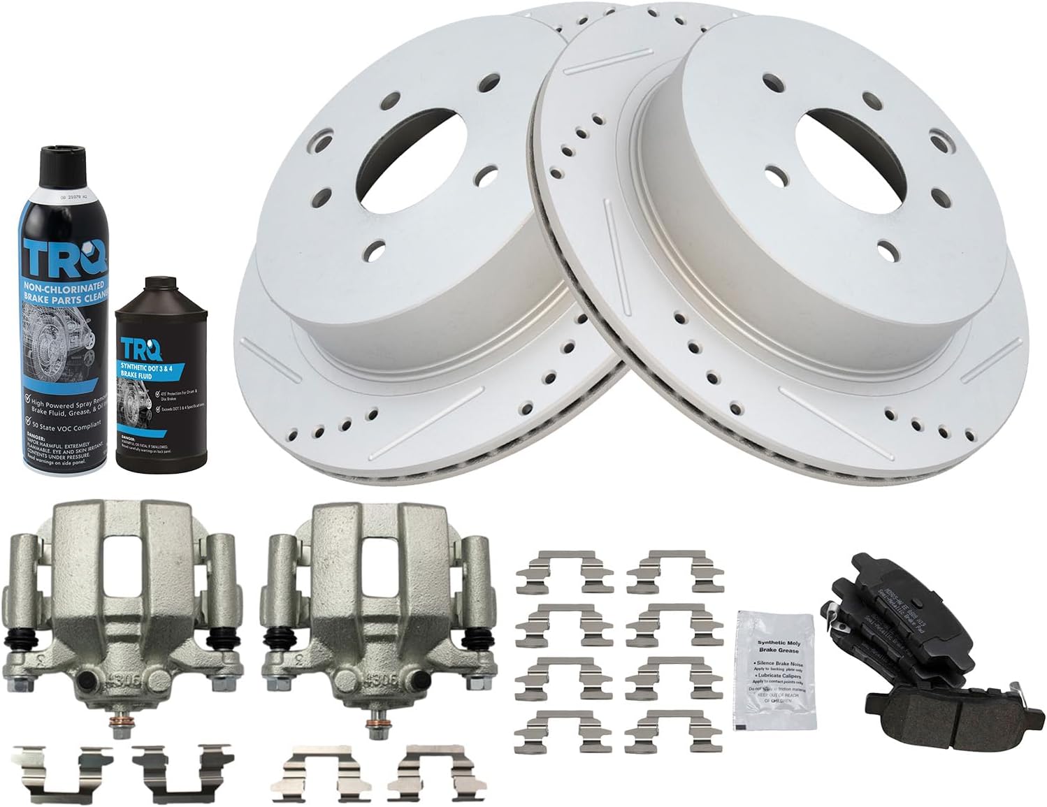 TRQ Rear Performance Brake Pad & Rotor Kit Brake Caliper Brake Chemical Kit Brake Pads Brake Rotors Set Semi-Metallic Premium G-Coated Compatible with 2003-2007 Nissan Murano 2004-2009 Quest