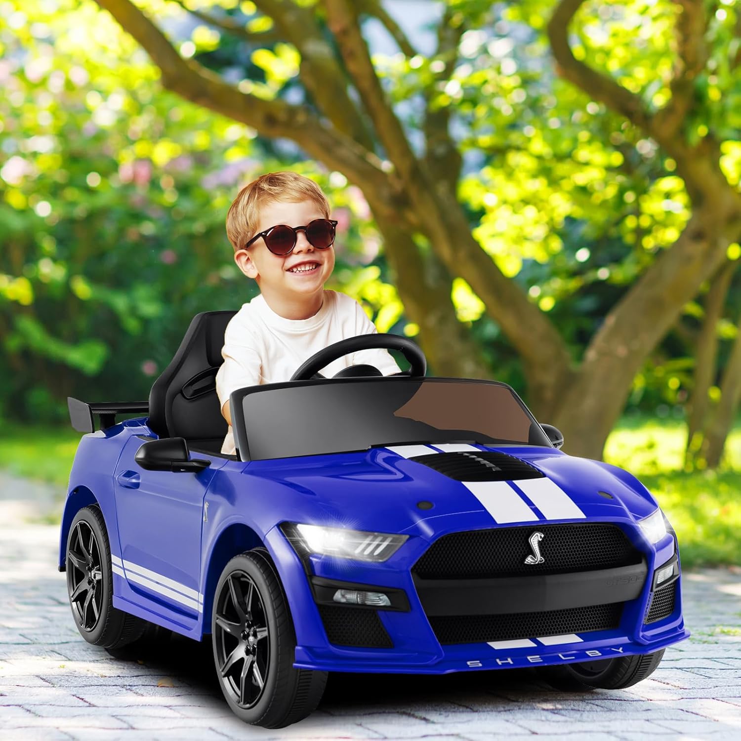 Licensed Ford Mustang Shelby GT500 Ride on Car for Kids by OLAKIDS, 12V Electric Vehicle with Remote Control, Toddlers Battery Powered Toy Gift with 2 Speeds, LED Lights, USB, FM, Music, Horn