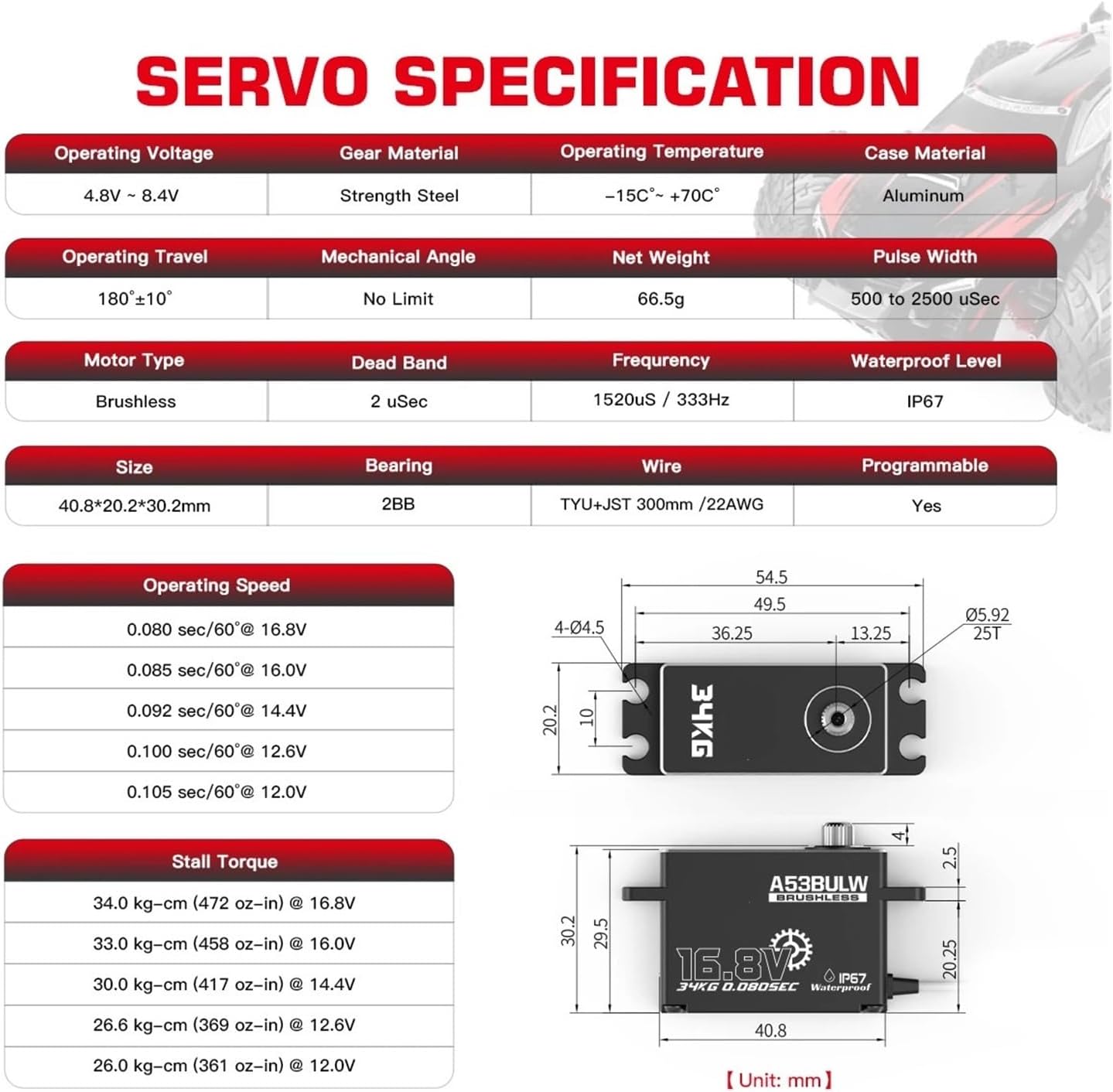 Low Profile A53BULW 3S/4S 34KG High Torque Programmable Brushless Remote Control Servo(A53BULW 34kg Set)
