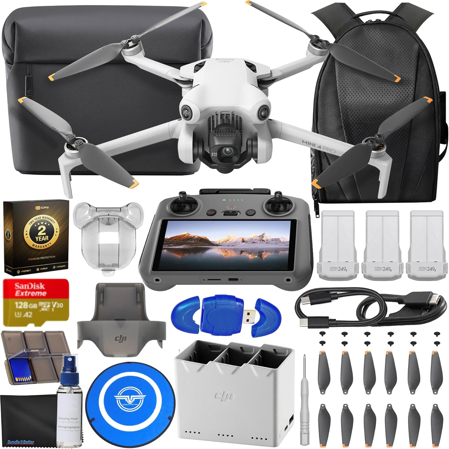 DJI Mini 4 Pro Drone Fly More Combo with RC 2 Controller (With Screen) Folding Drone with 4K Video, Under 249g, 34 Mins Flight Time, 3 Batteries Bundle with 128GB Memory Card, CPS 2 Year Warranty + Pilot Kit