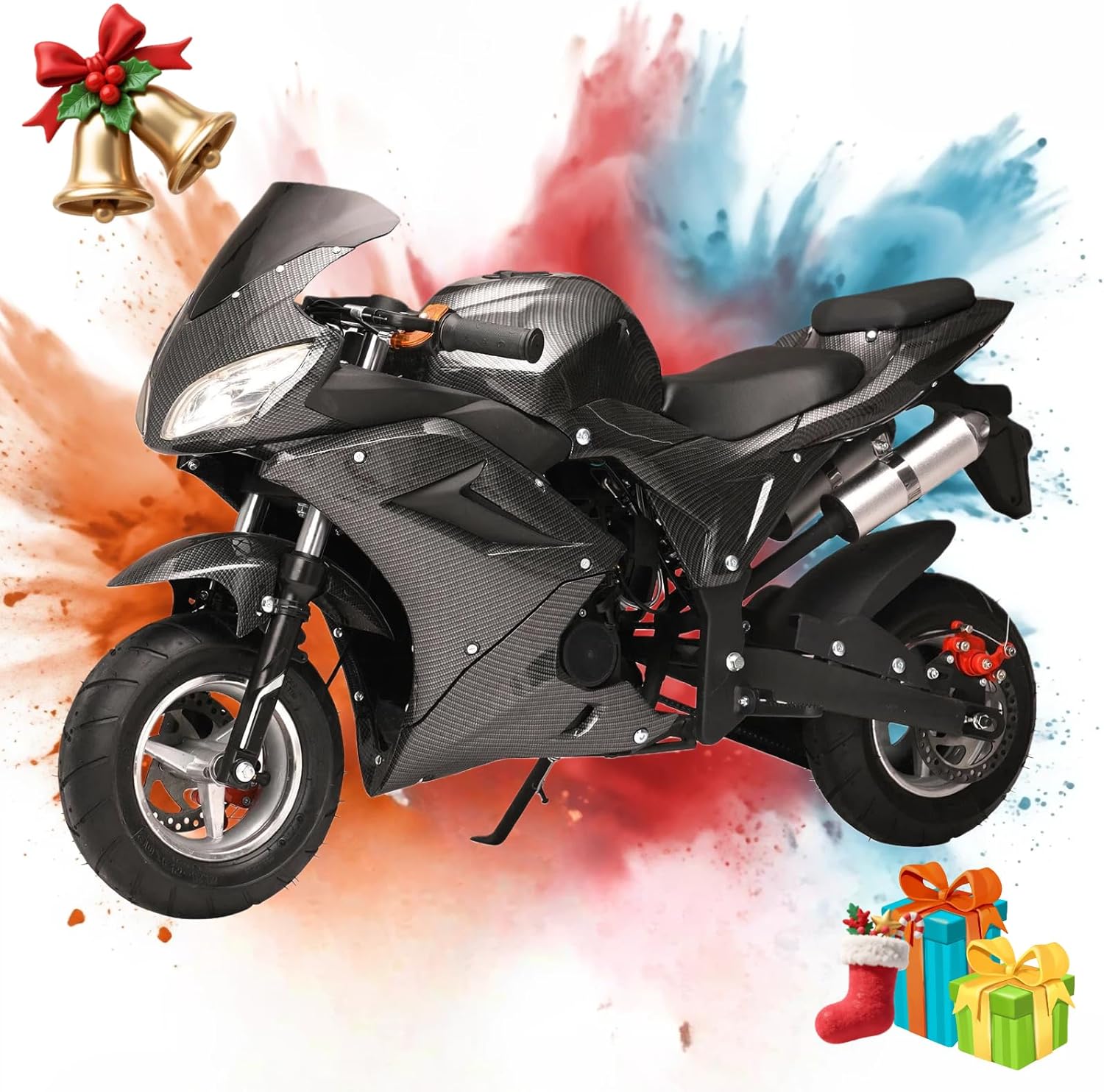 49CC 4-Stroke Kids Dirt Bike, Gas Pocket Motorcycle for Kids & Adults Mini Off-Road Motorcycle Gas Powered Dirt Bike with Front Rear Disc Brakes Load 330 LBS for Outdoor Grey